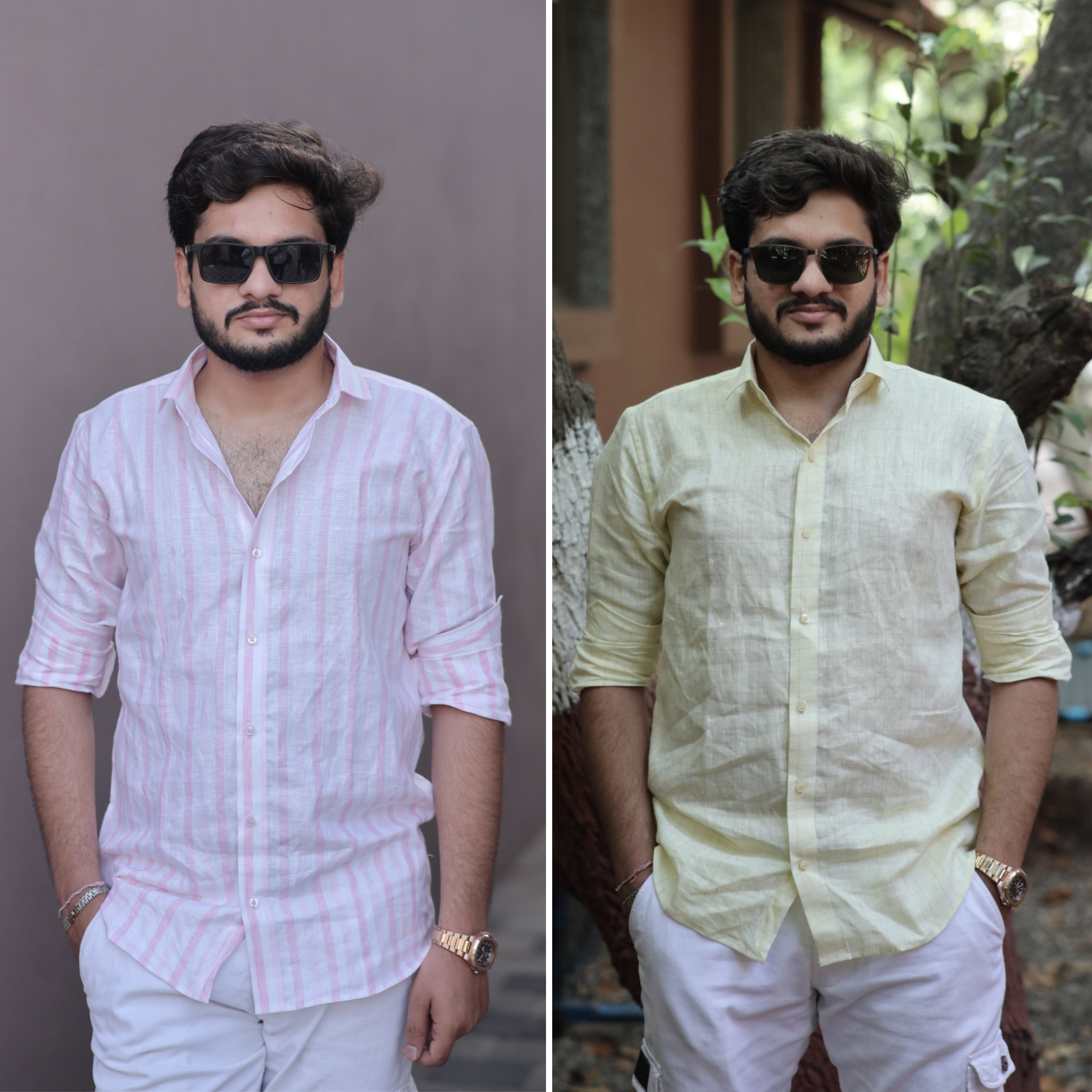 Pastel Casual Combo - Pink Striped Linen Shirt and Light Yellow Checks