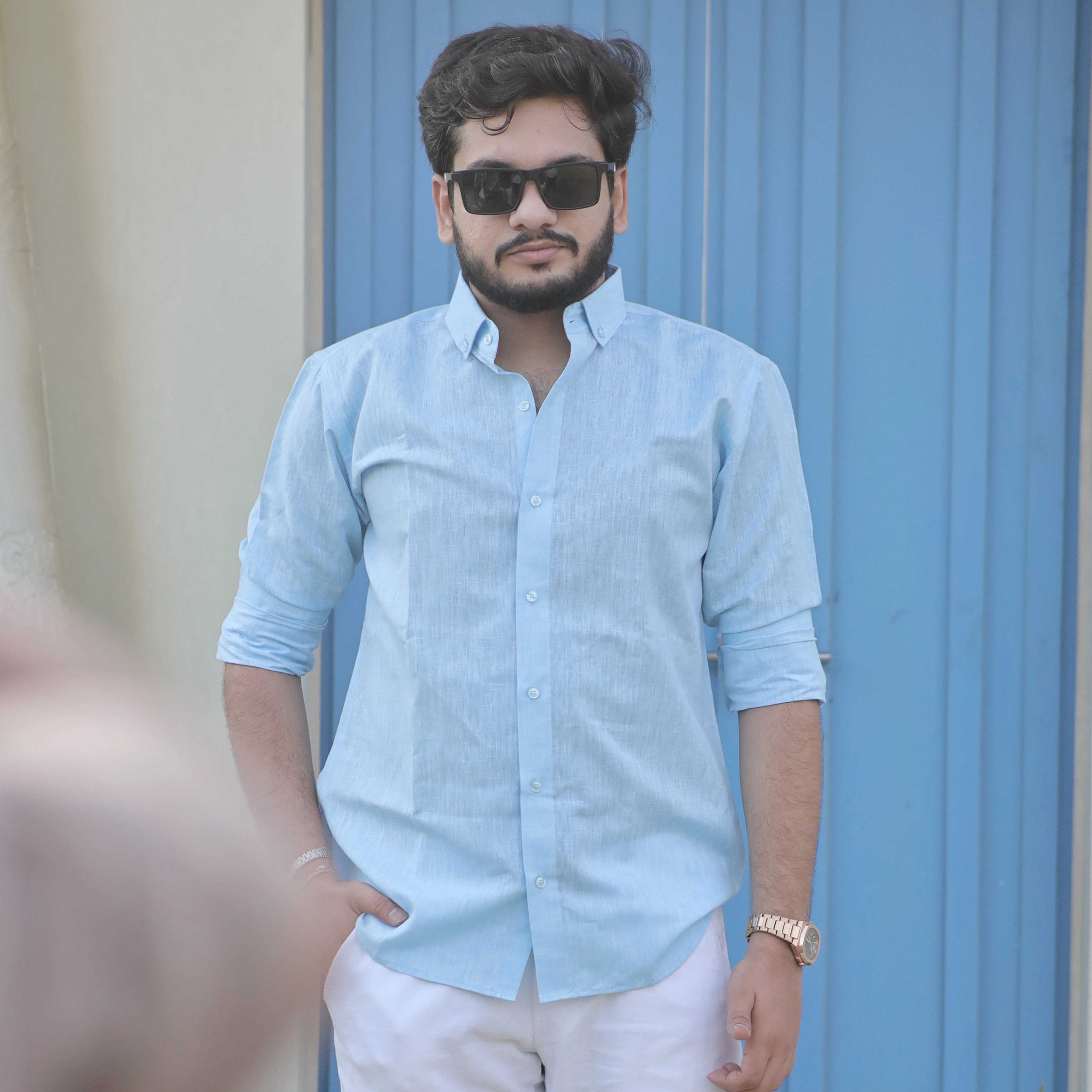 Light Blue Cotton Linen Shirt for Men – Button Down Collar Casual Fit