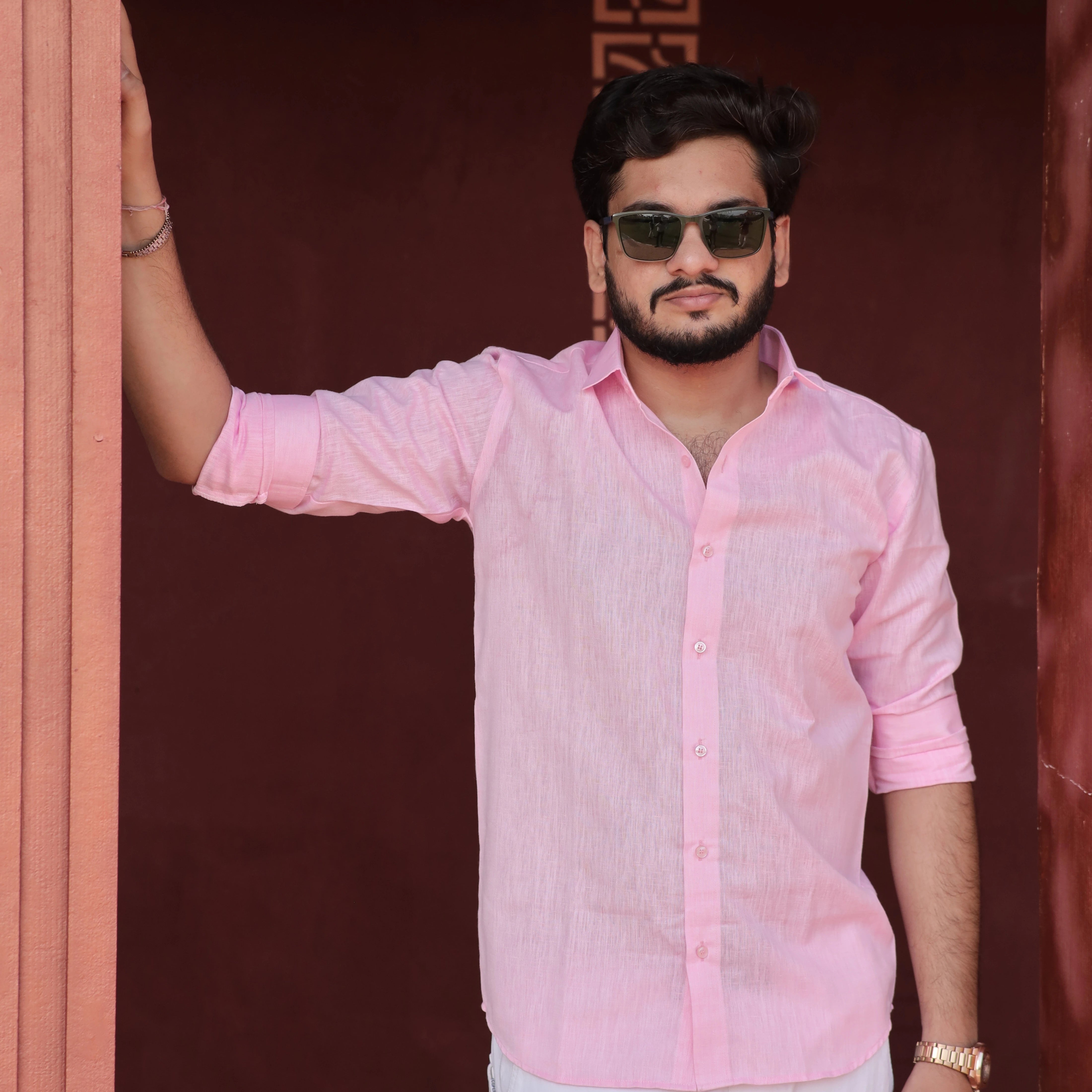 Light Pink Cotton Linen Shirt for Men Full Sleeve Formal Wear