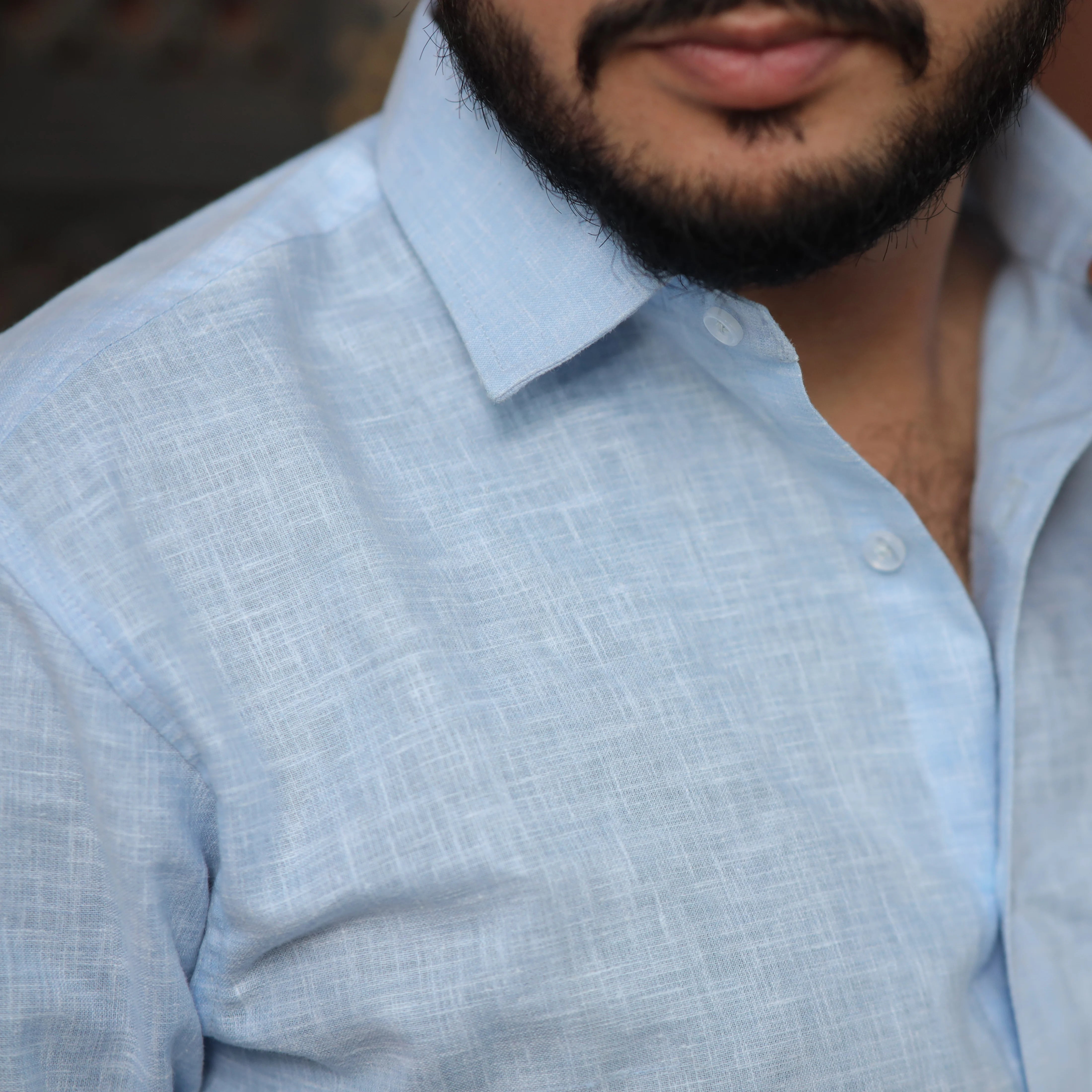 Light Blue Cotton Linen Shirt for Men - Full Sleeve Slim Fit