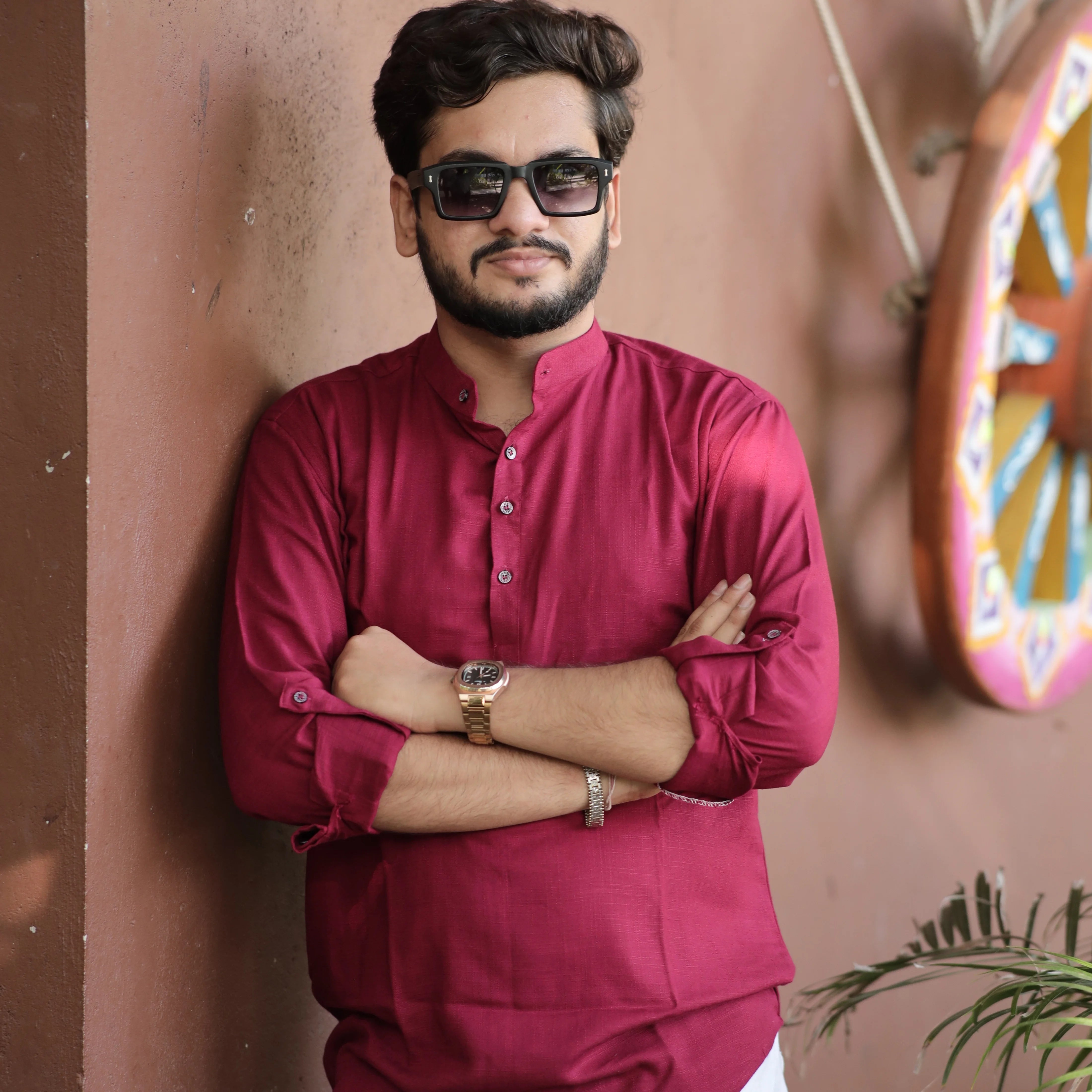 Maroon Fancy Linen Kurta with Band Collar and Roll-Up Sleeves