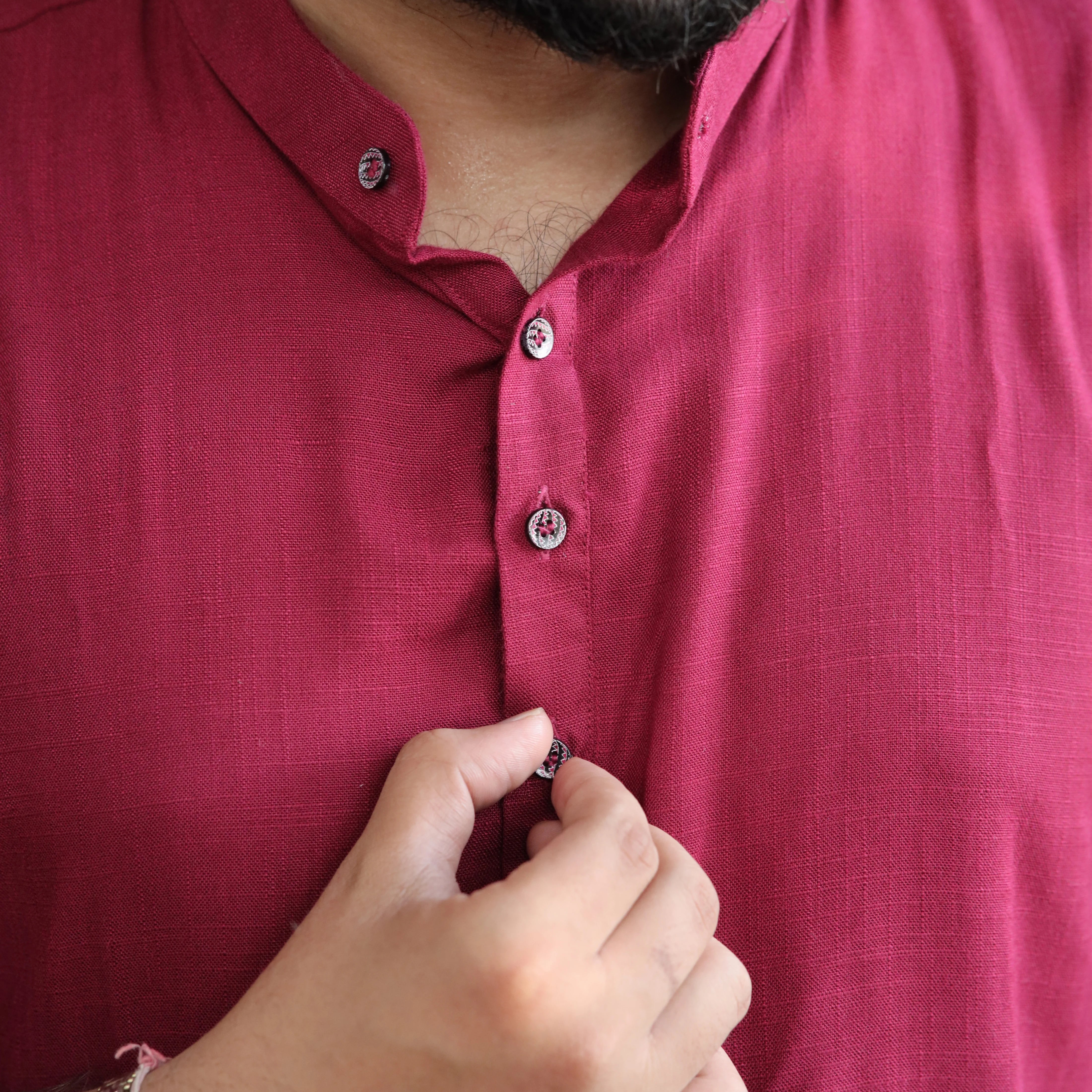 Maroon Fancy Linen Kurta with Band Collar and Roll-Up Sleeves