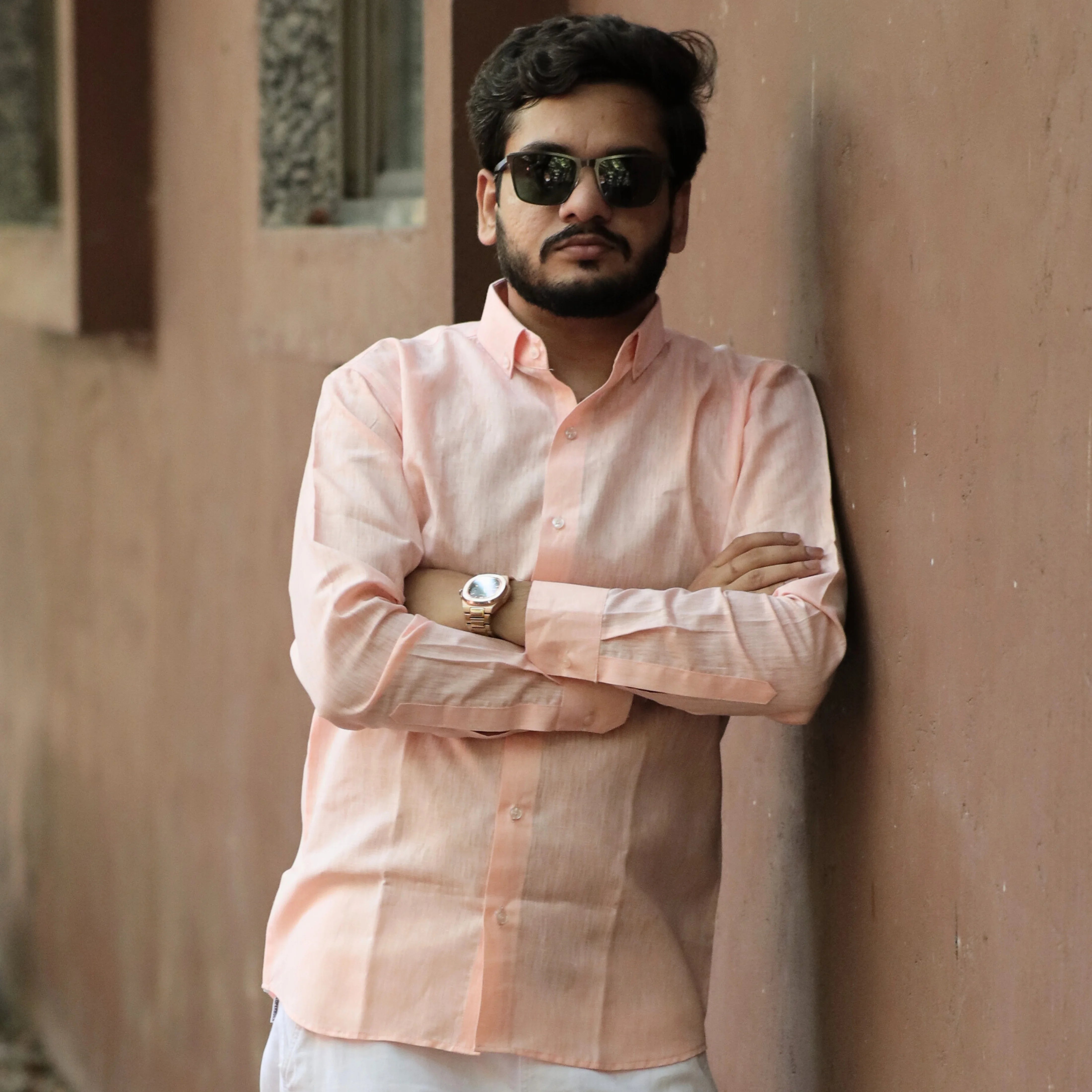 Light Peach Cotton Linen Shirt for Men – Full Sleeve Casual Office Wear