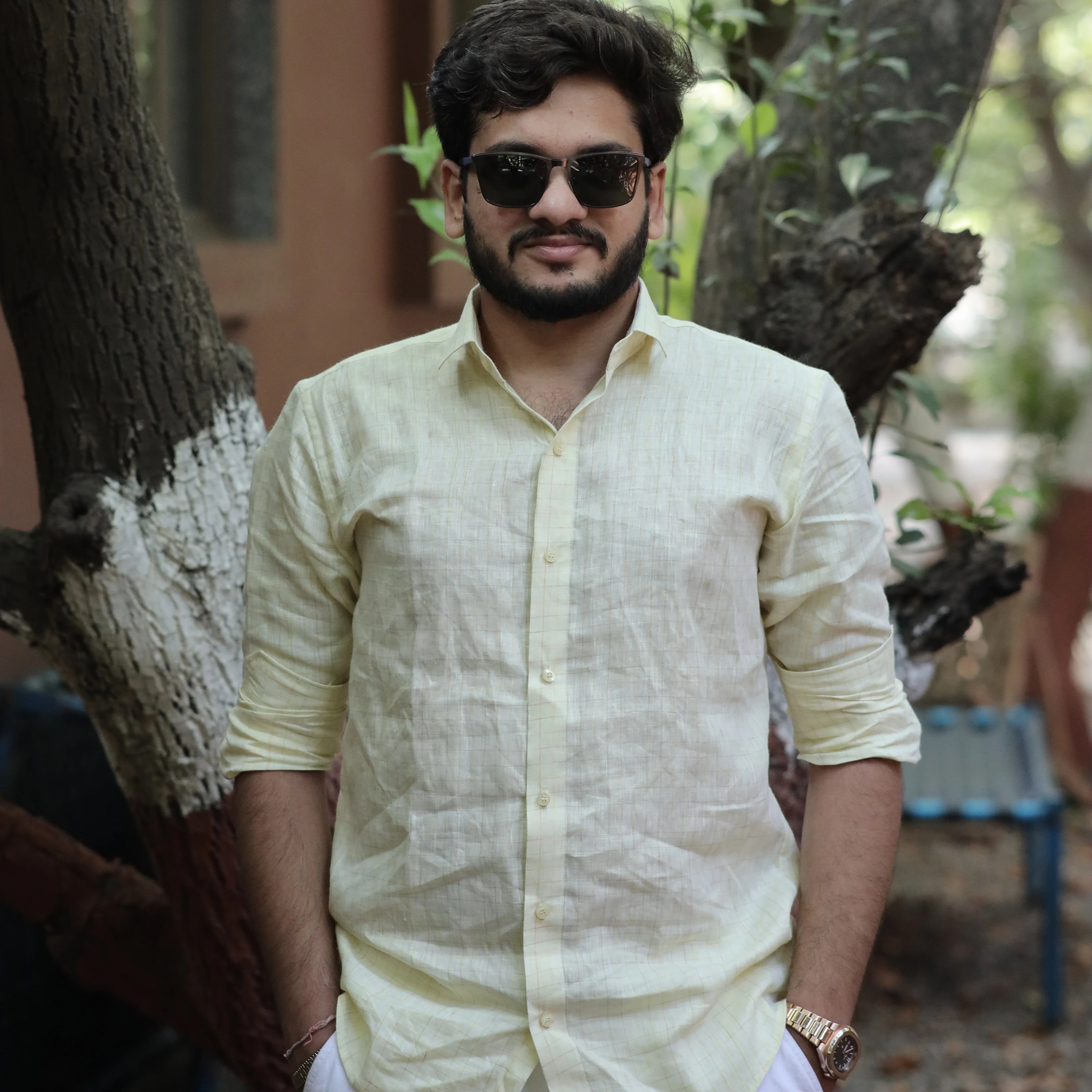 Everyday Light Yellow Linen Check Shirt for Men – Slim Fit Checks Design