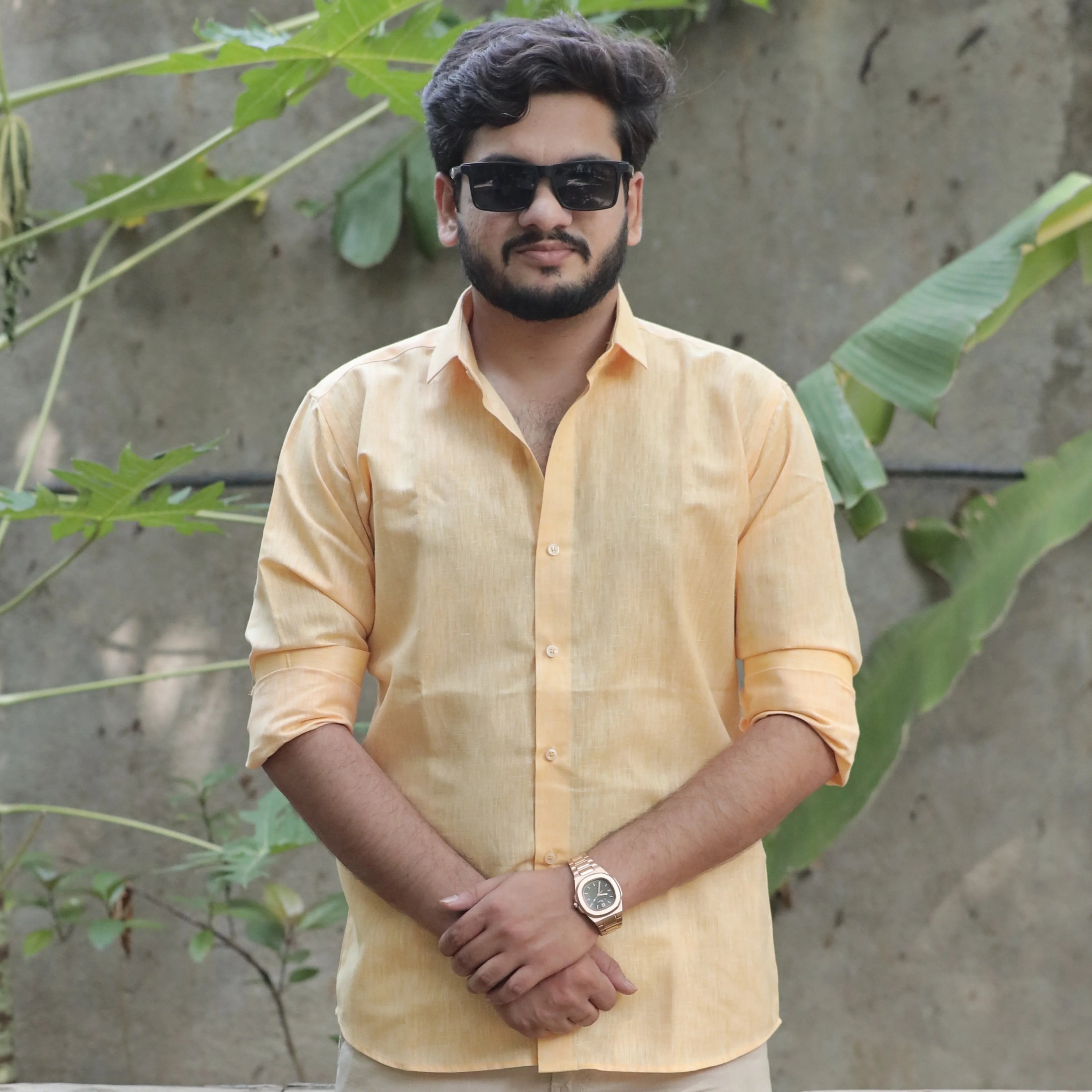 Light Orange Cotton Linen Shirt – Relaxed Fit, Full Sleeve, Spread Collar