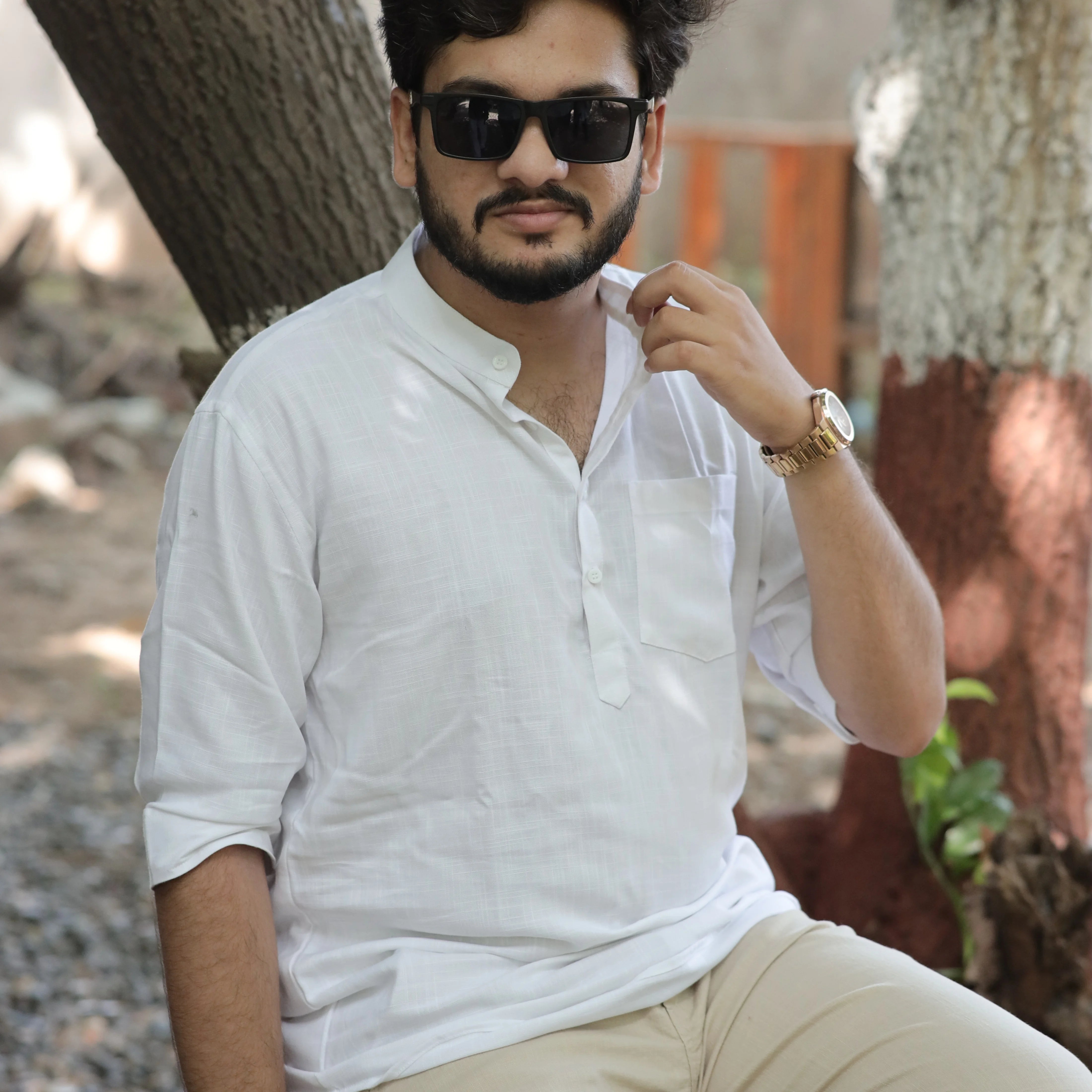 White Fancy Linen Dyed Kurta for Men with Band Collar & Pocket