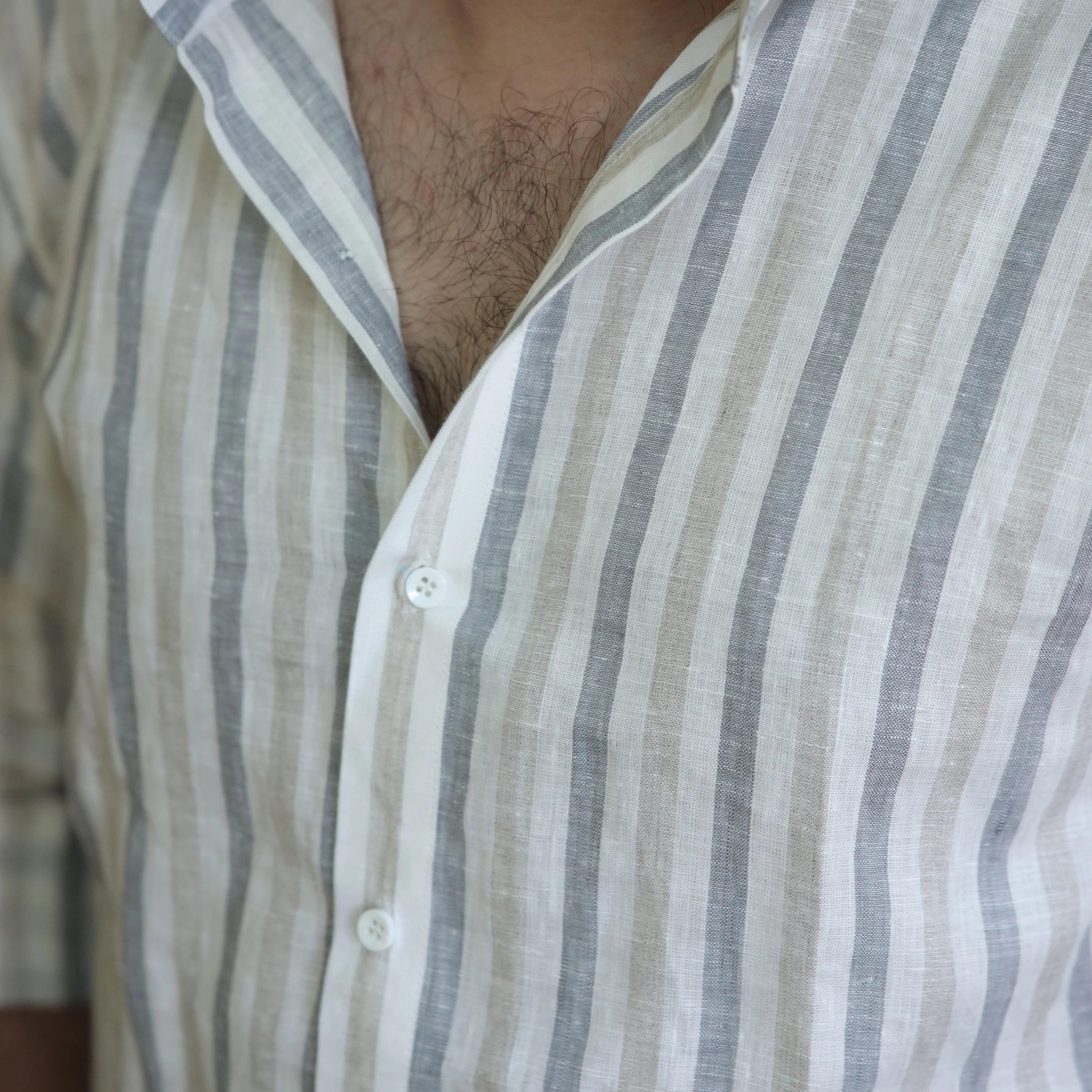 Everyday Pure Linen Striped Shirt Light Grey White – Regular Collar Full Sleeve