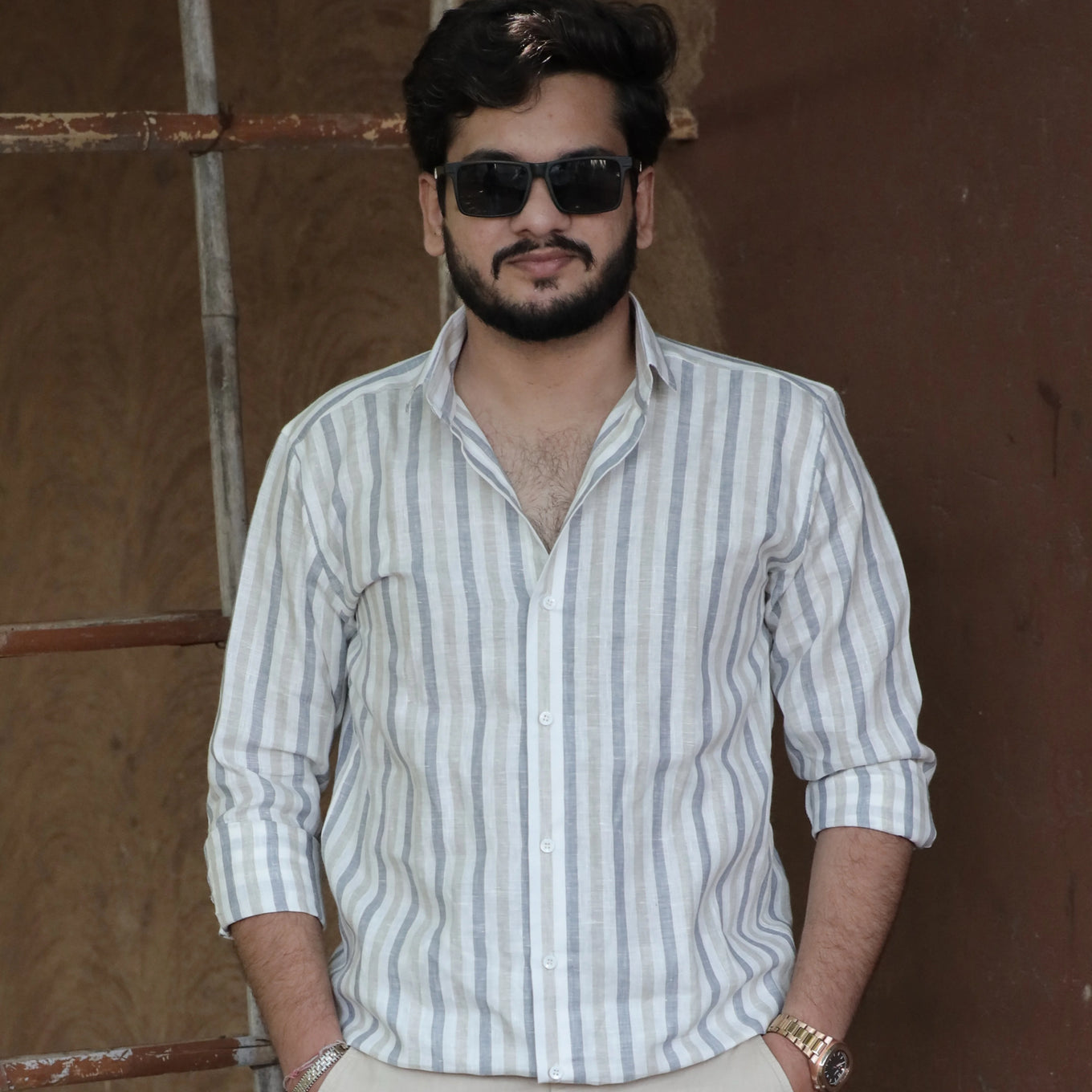 Everyday Pure Linen Striped Shirt Light Grey White – Regular Collar Full Sleeve