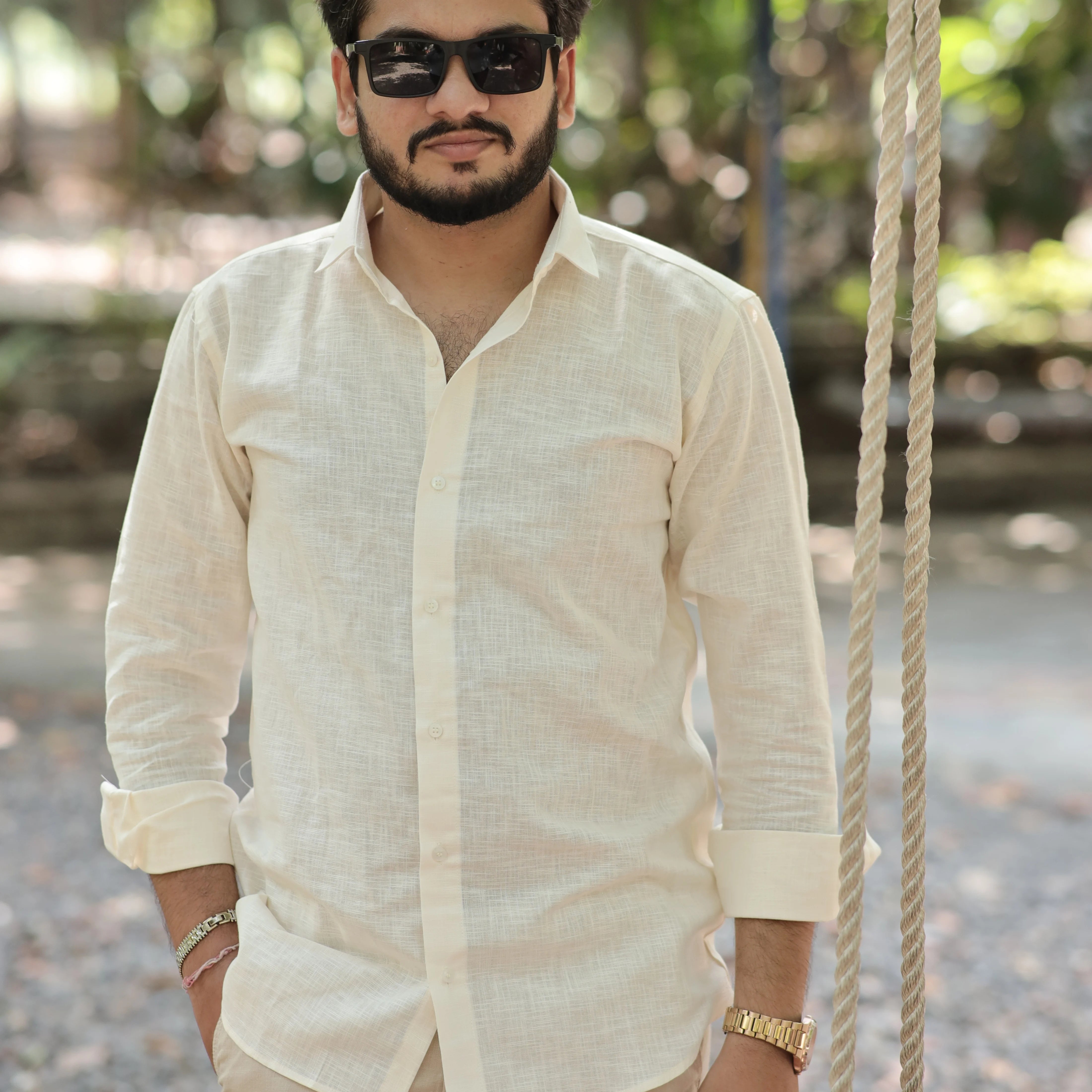 Beige Cotton Linen Shirt for Men – Full Sleeve Soft Breathable