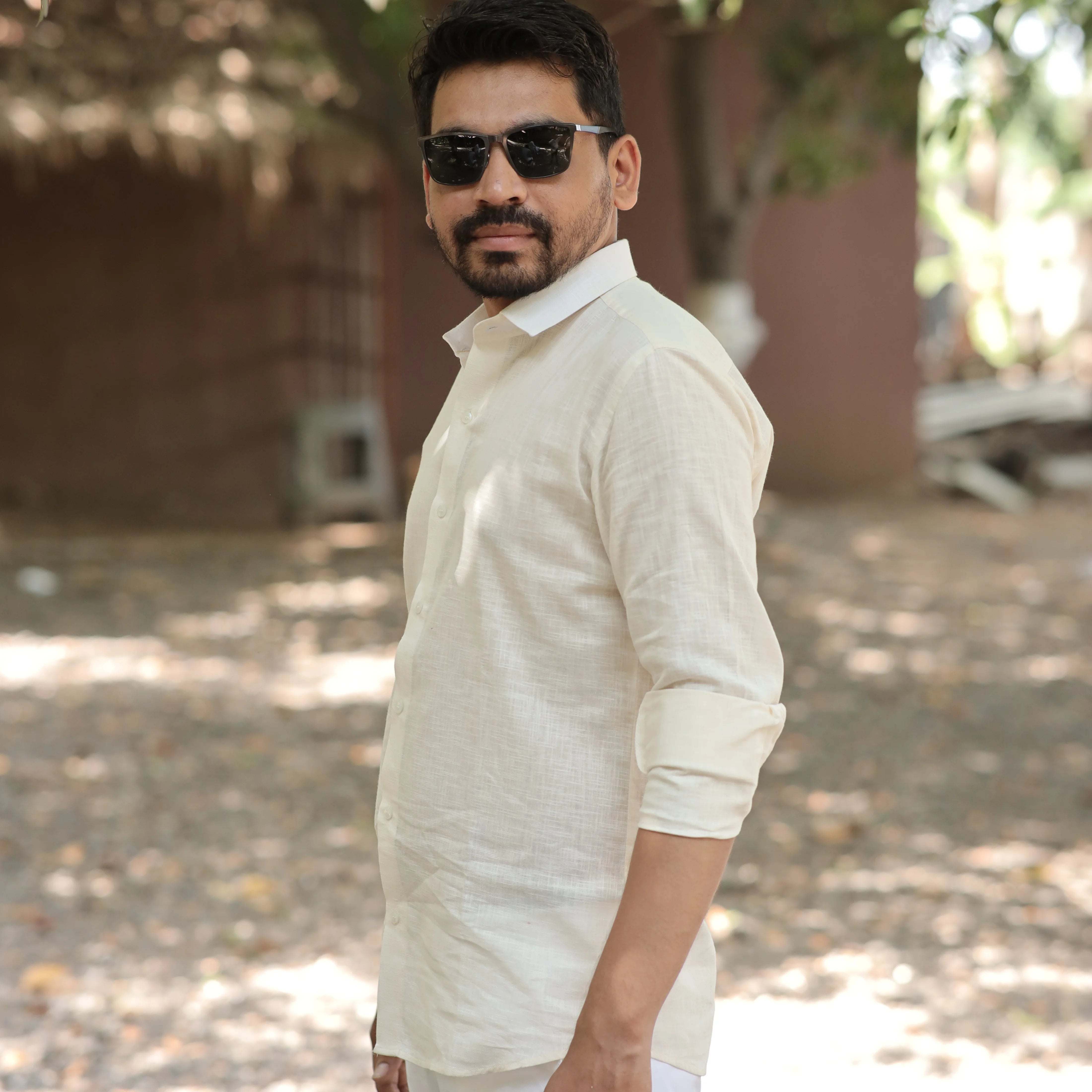 Beige Cotton Linen Full Sleeve Shirt for Men – Formal Wear