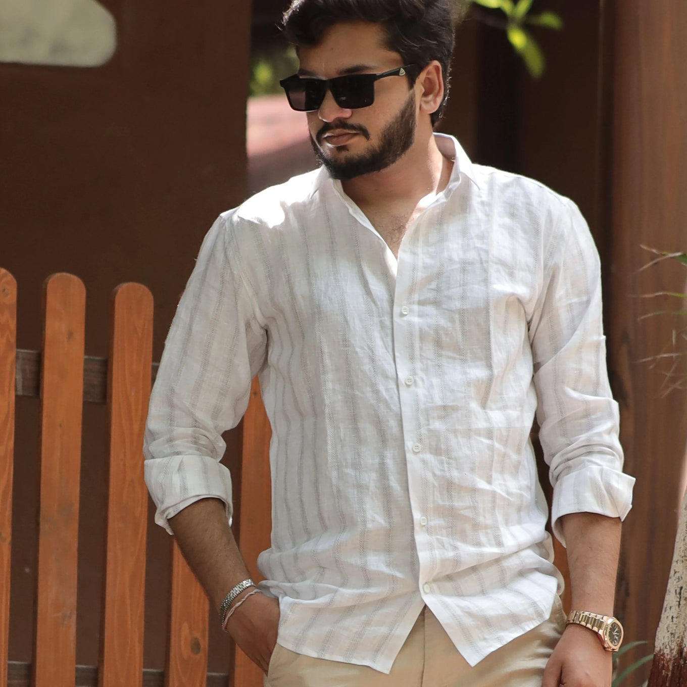 White Pure Linen Textured Shirt for Men – Breathable Casual Fit