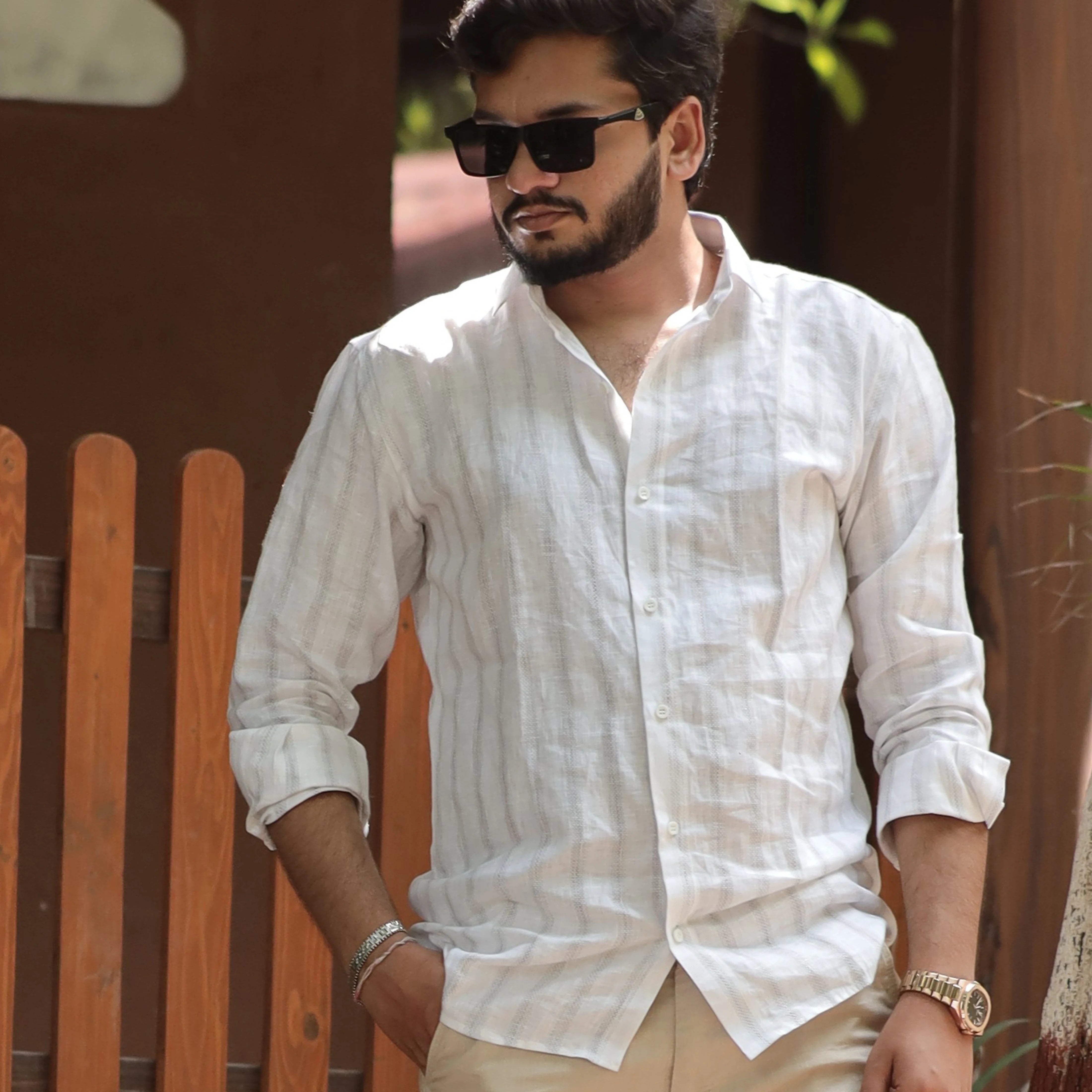 White Pure Linen Textured Shirt for Men – Breathable Casual Fit