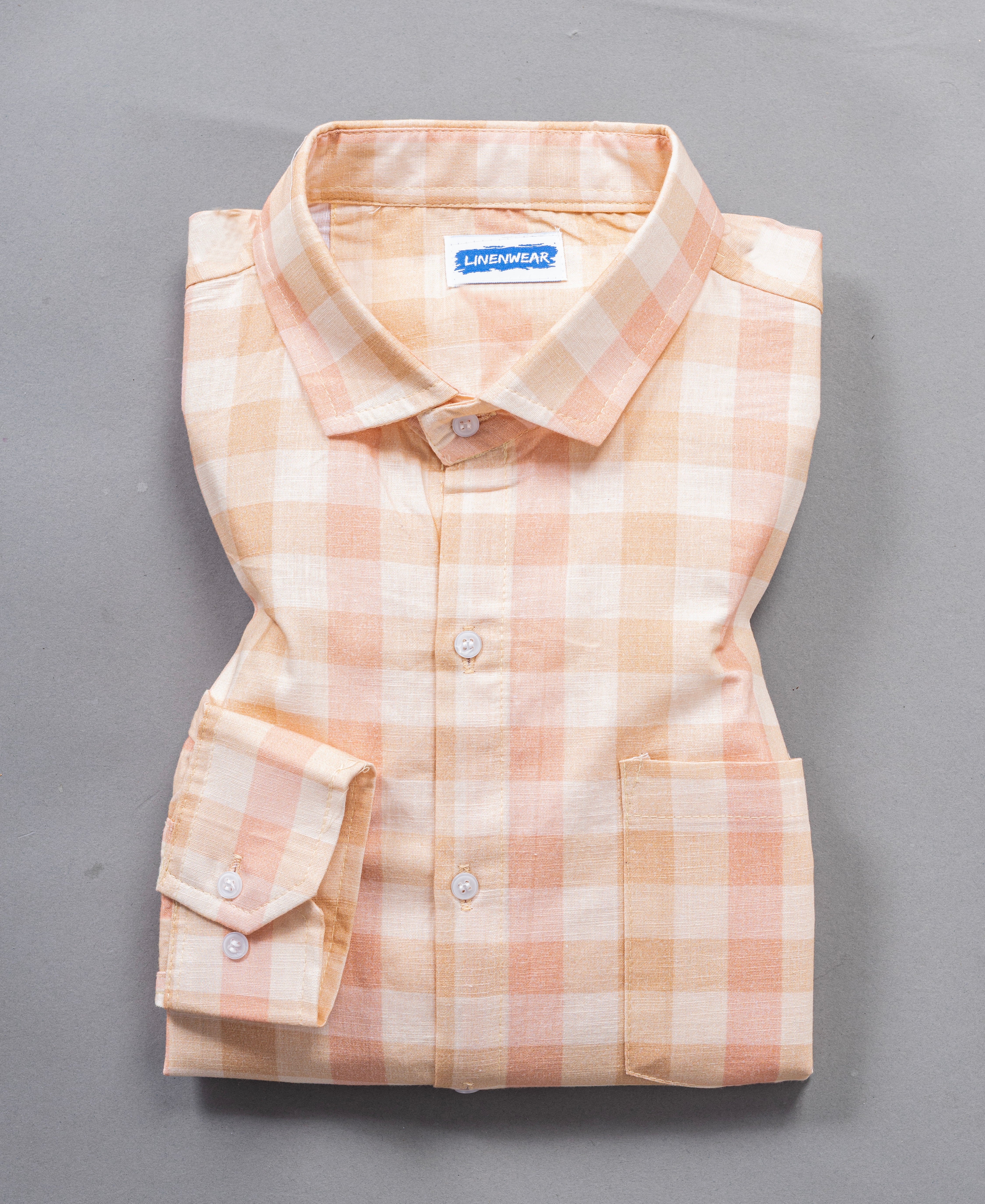 peach mens dress shirt Checked Cotton Linen Shirt for Men – Peach & Pink S