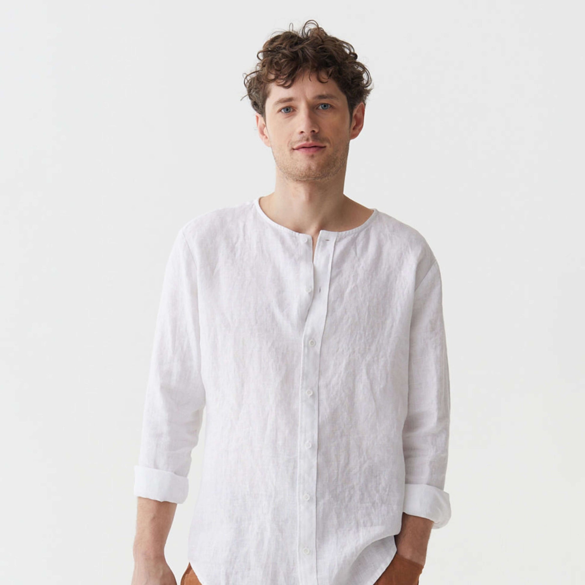 White Linen Band Collar Shirt - Linen Wear