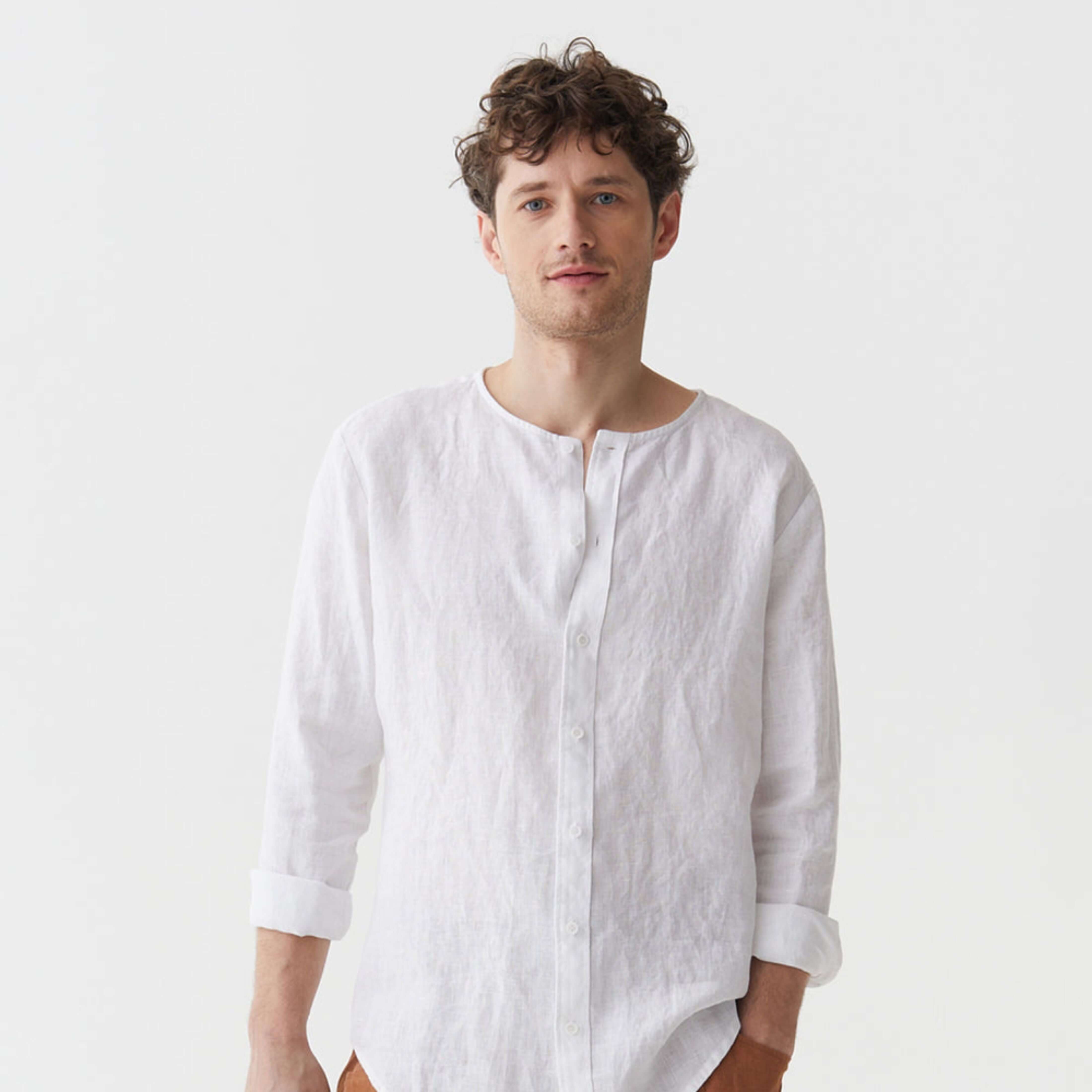White Linen Band Collar Shirt - Linen Wear