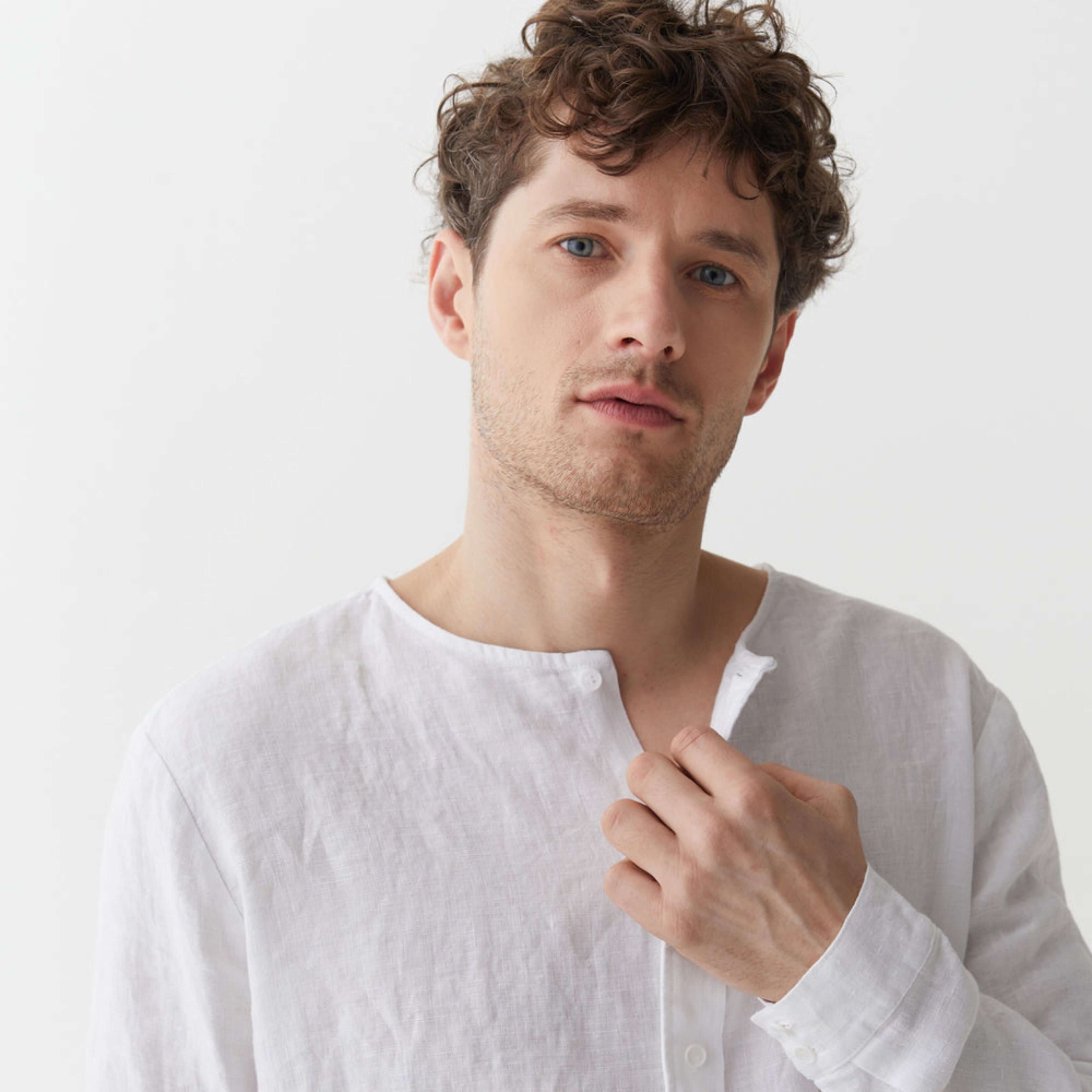 White Linen Band Collar Shirt - Linen Wear