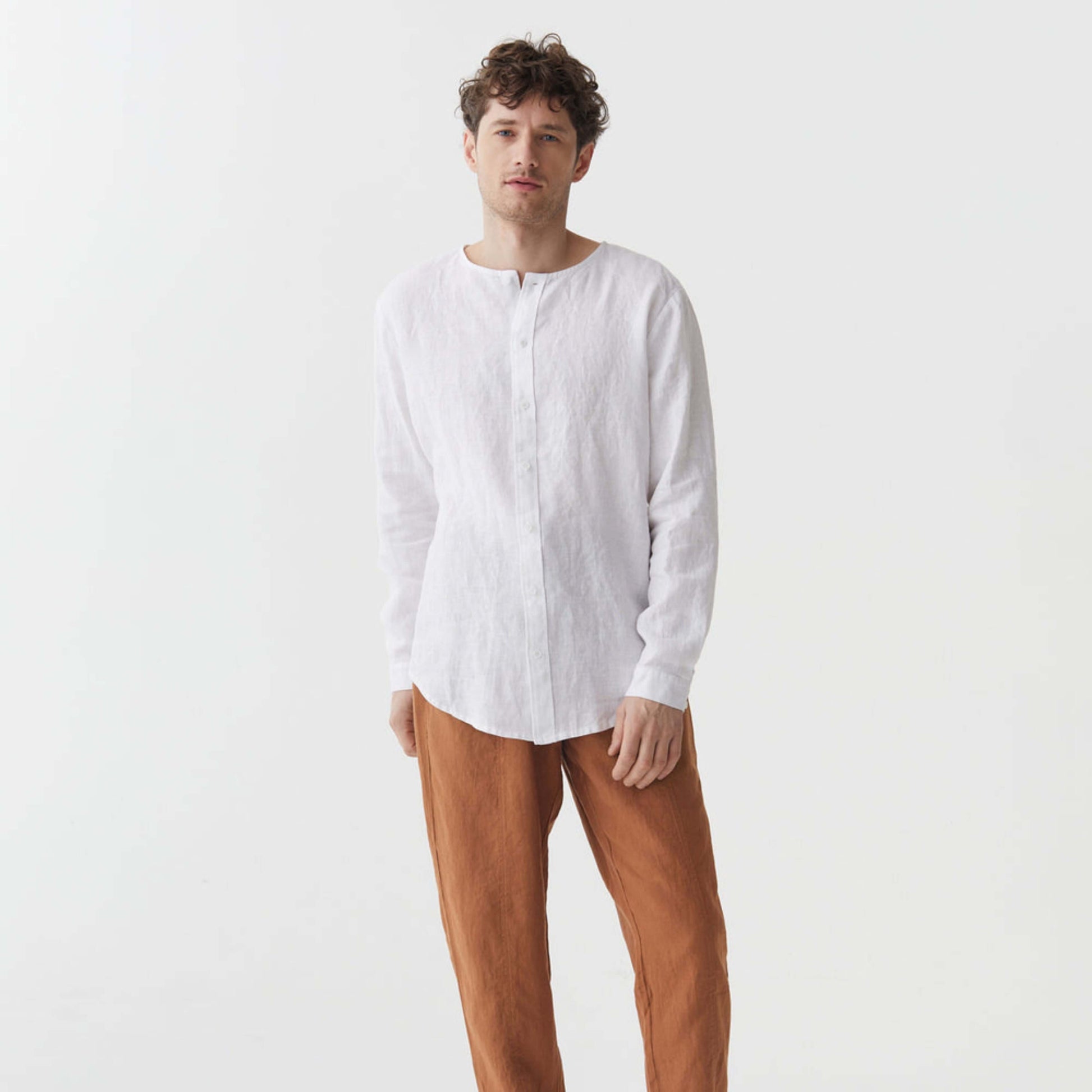 White Linen Band Collar Shirt - Linen Wear
