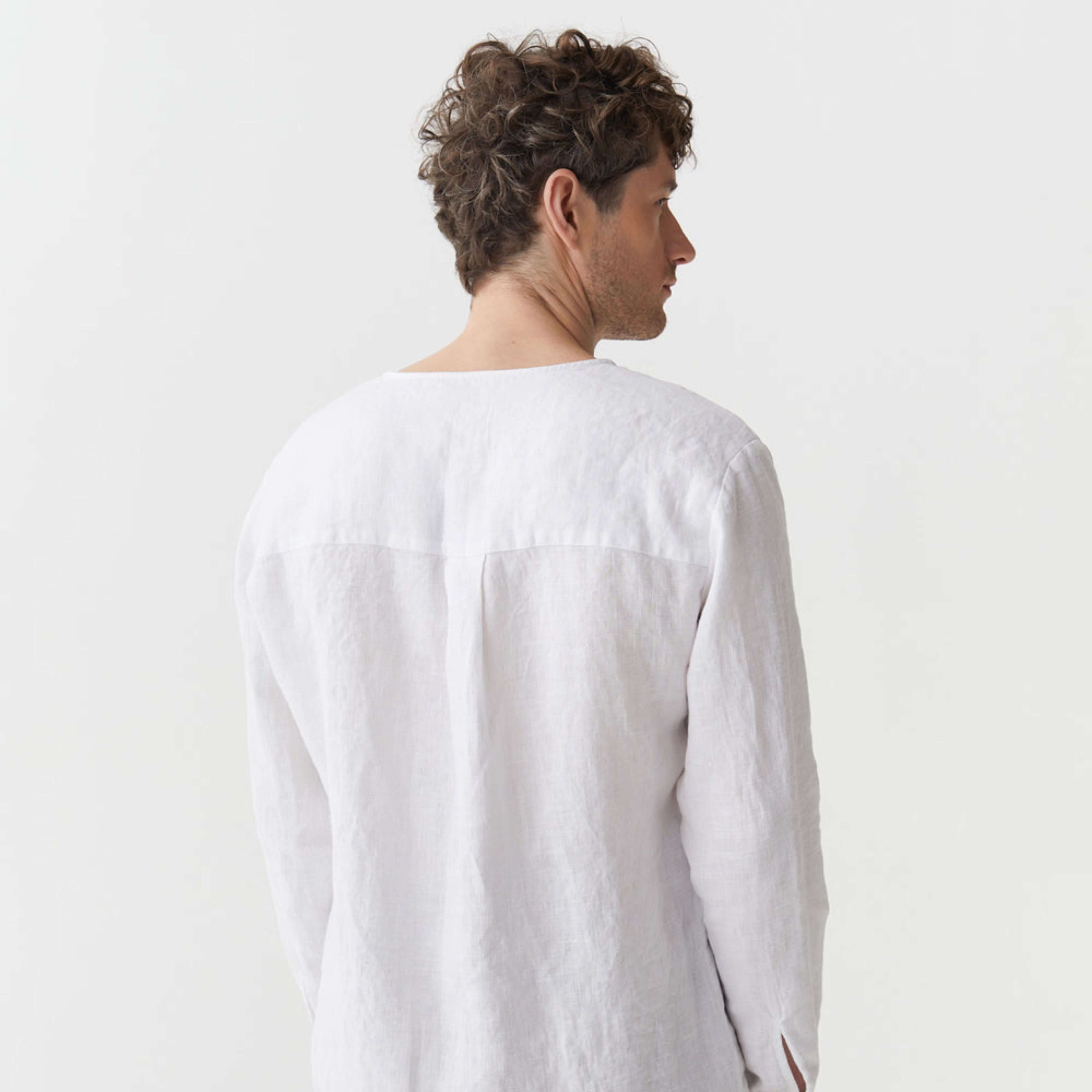 White Linen Band Collar Shirt - Linen Wear