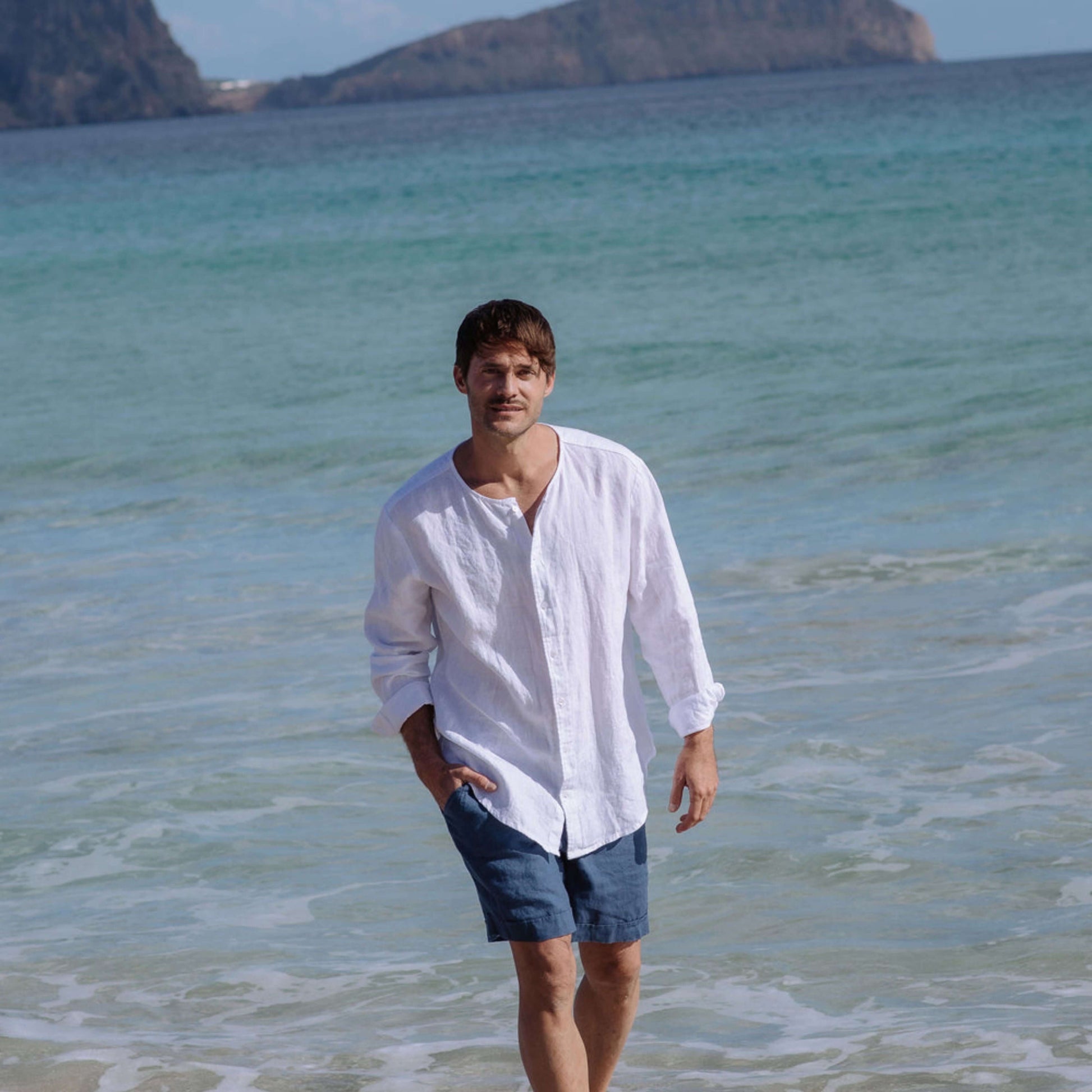 White Linen Band Collar Shirt - Linen Wear