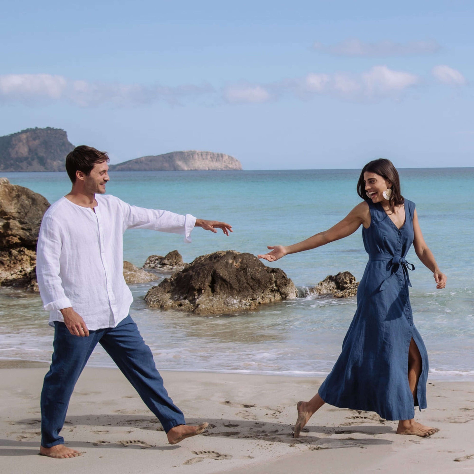 White Linen Band Collar Shirt - Linen Wear