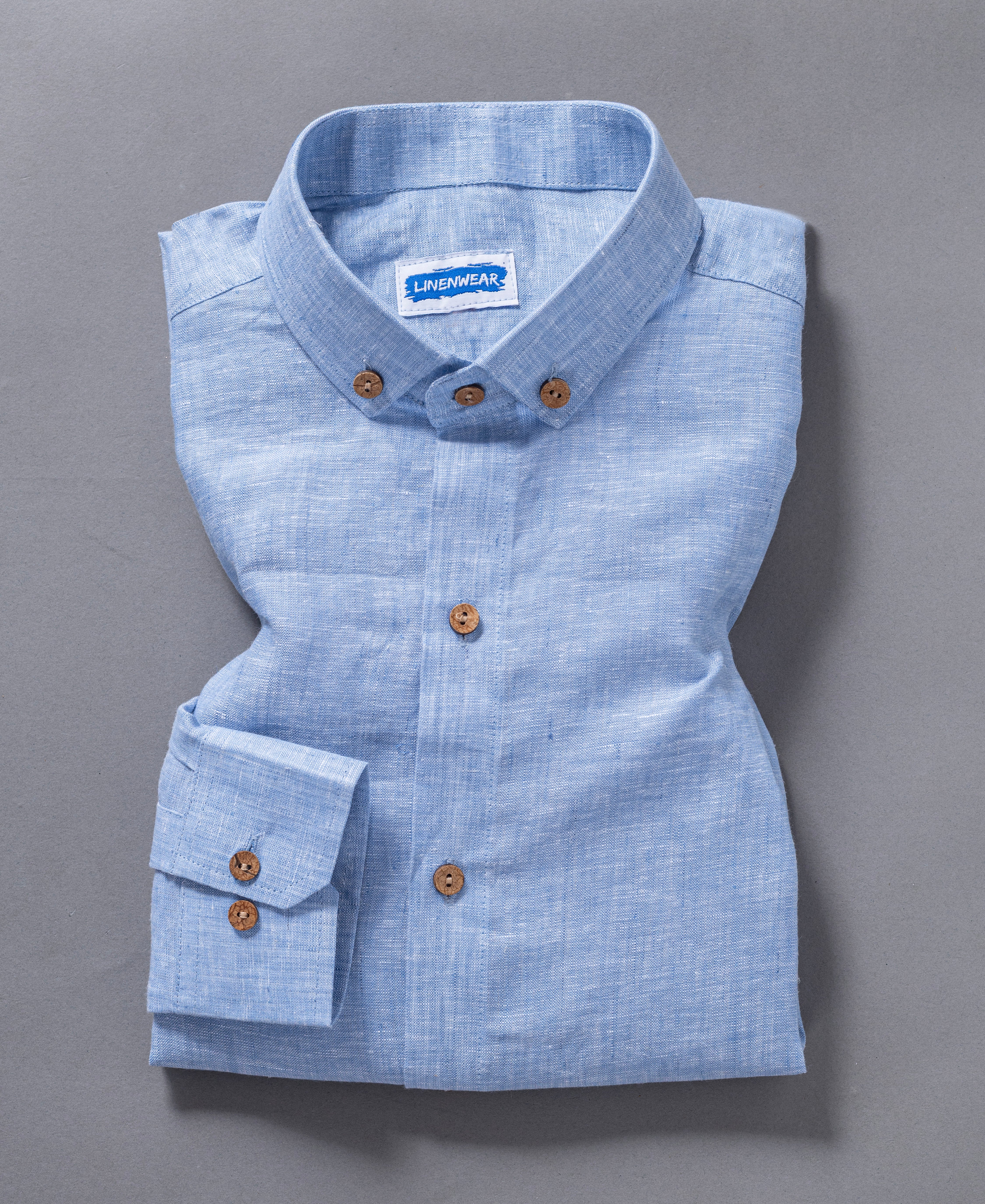 Breathable Pure Linen Blend Shirt for Men – Light Blue Full Sleeve