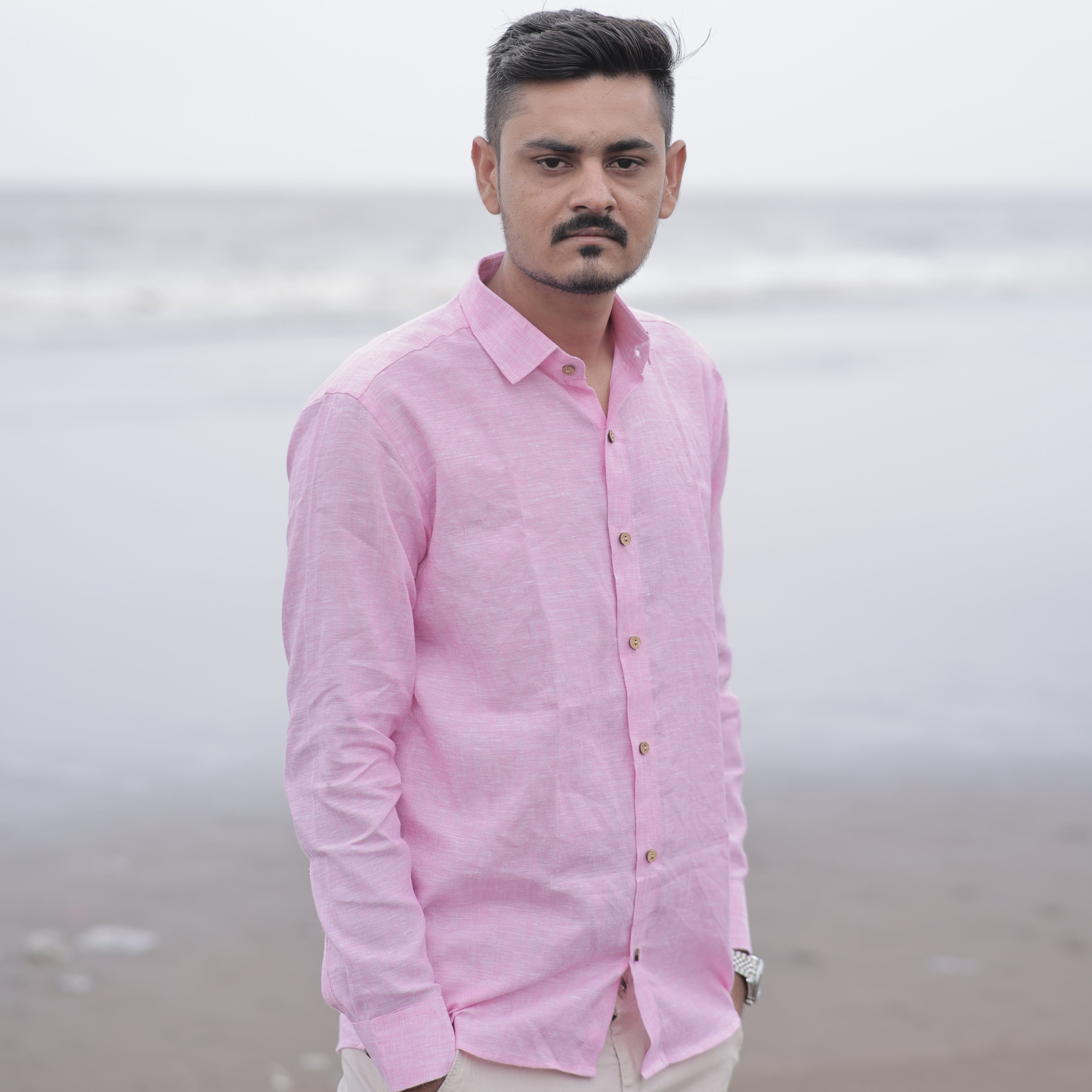 Pure Linen Shirt for Men – Bright Pink Beach Style XL