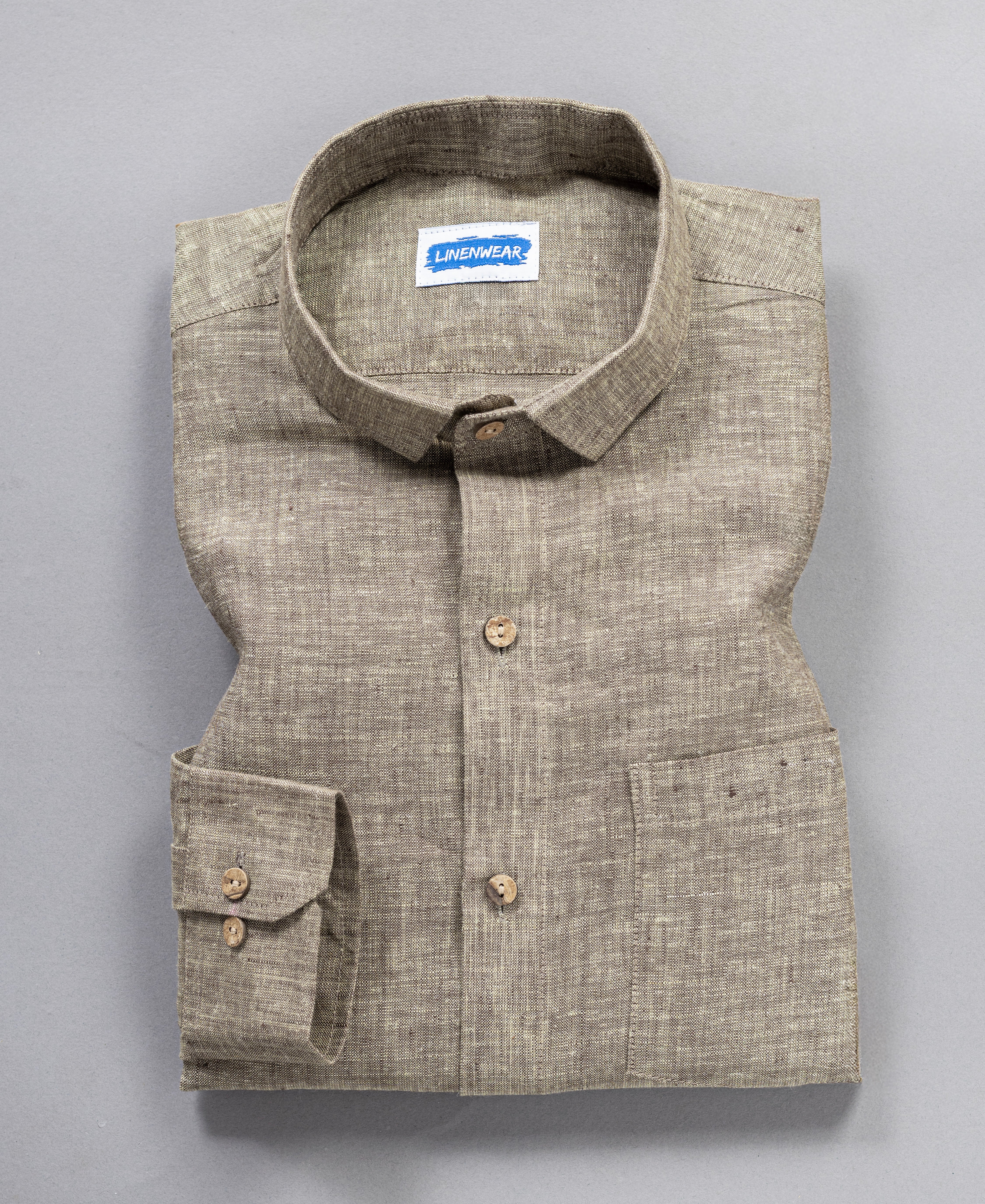 Earth Tone Taupe Brown Pure Linen Full Sleeve Shirt