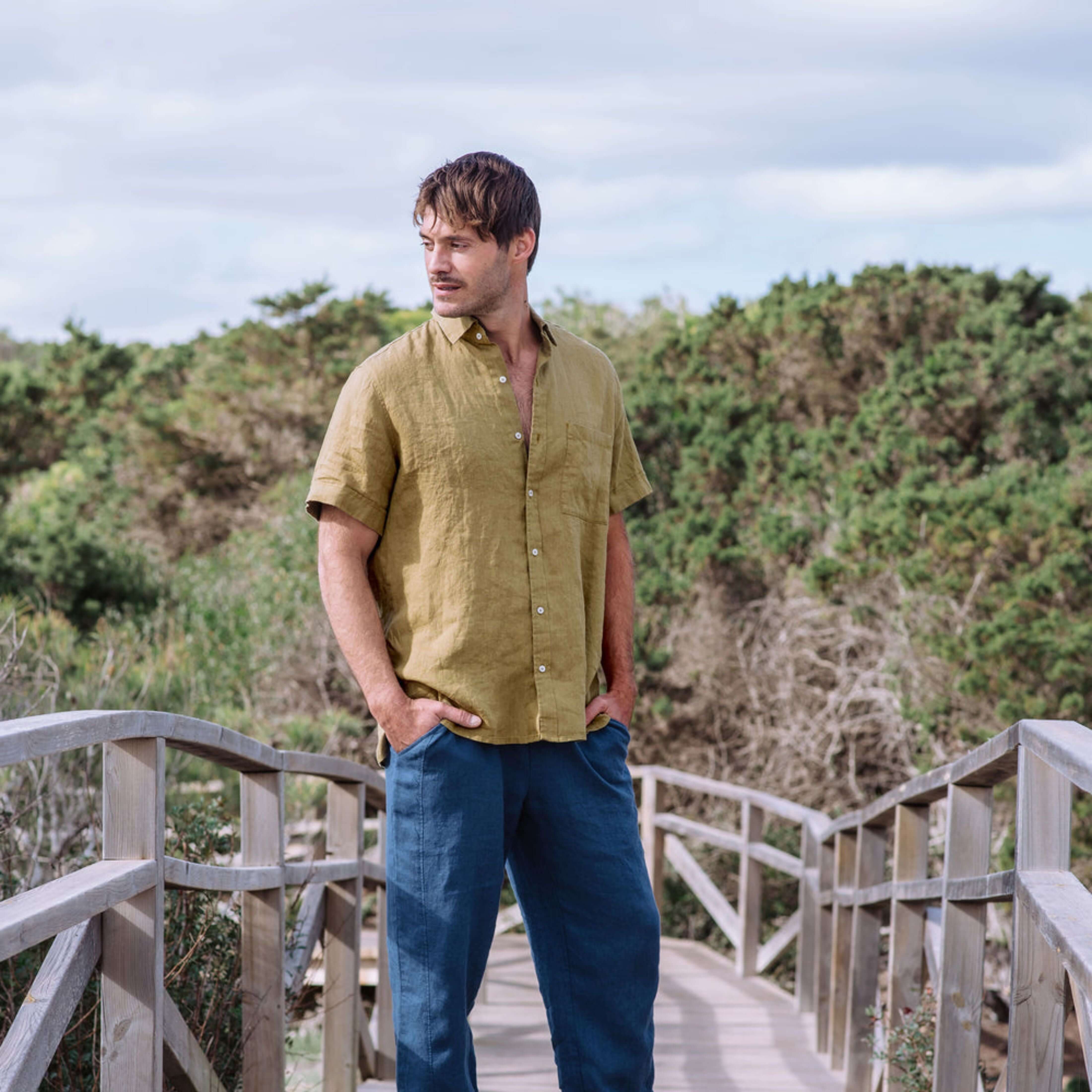 Khaki Green Short Sleeve Linen Shirt - Linen Wear