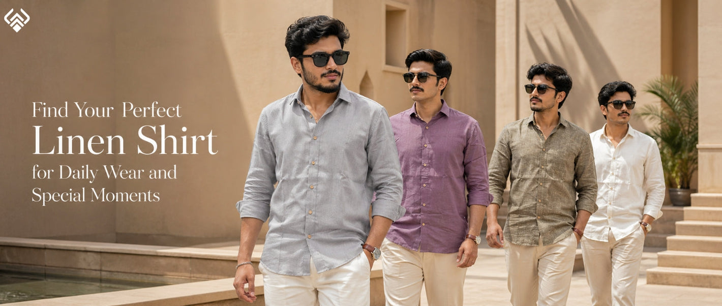 men wearing linen shirts in different colors for daily wear and special occasions with breathable comfortable stylish fabric collection