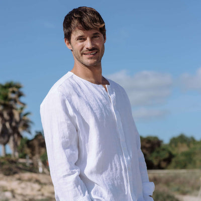 Casual Pure Linen White Shirt Band Collar Long Sleeve