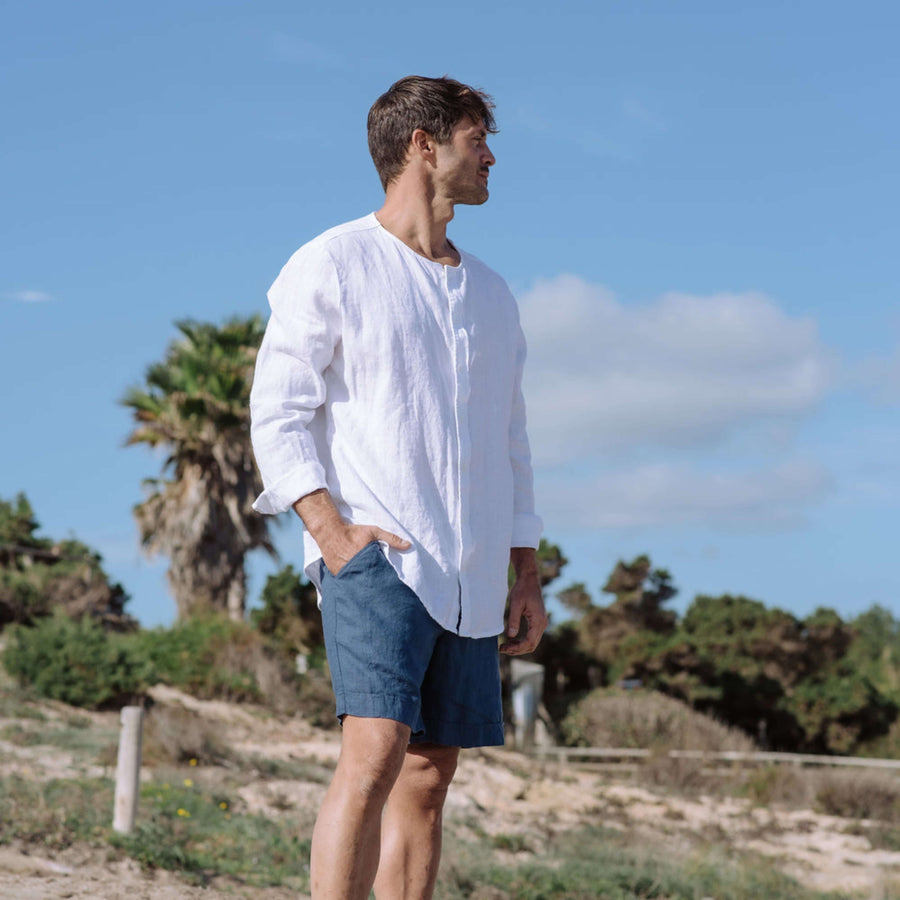 Casual Pure Linen White Shirt Band Collar Long Sleeve