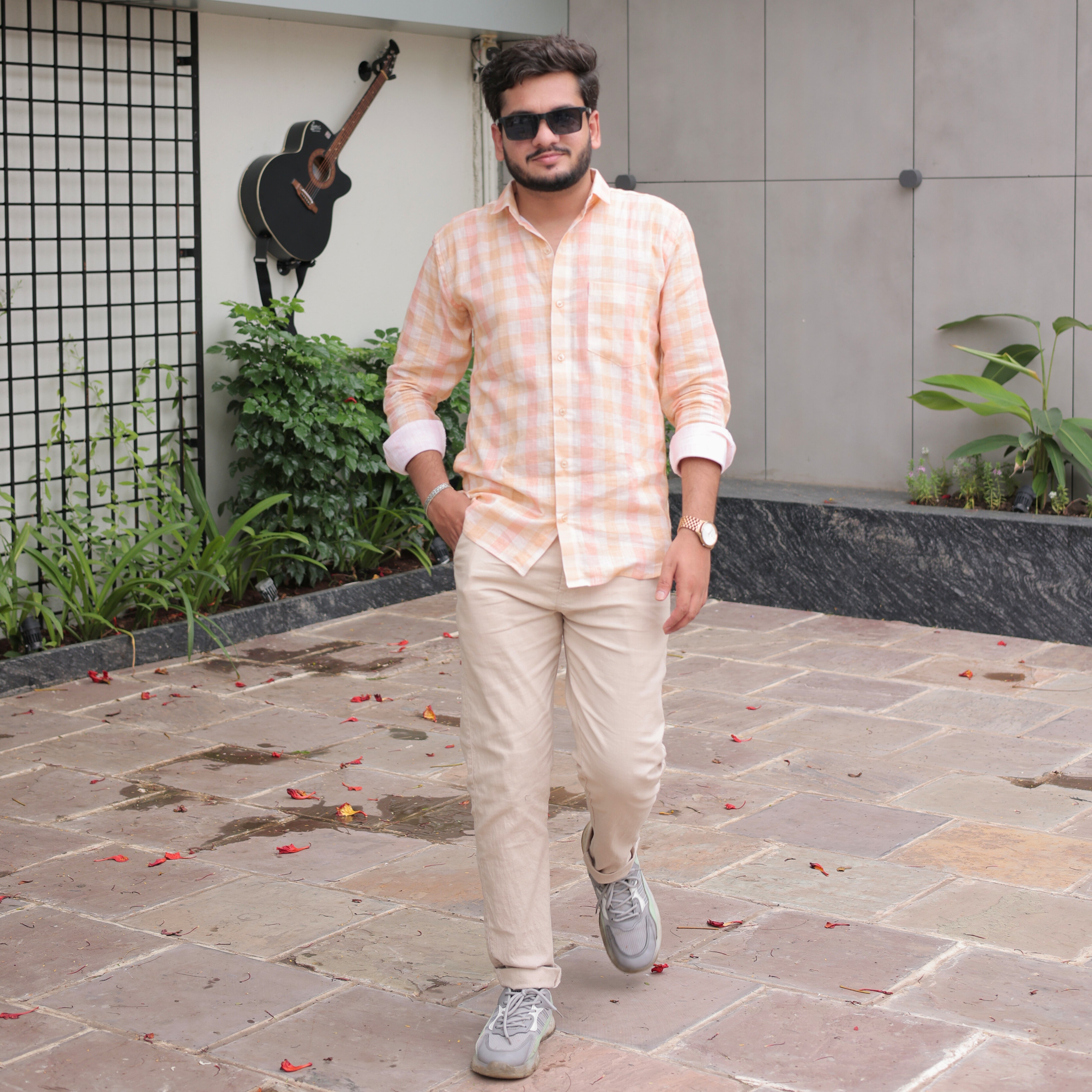 Premium Cotton Linen Peach Checked Shirt for Men