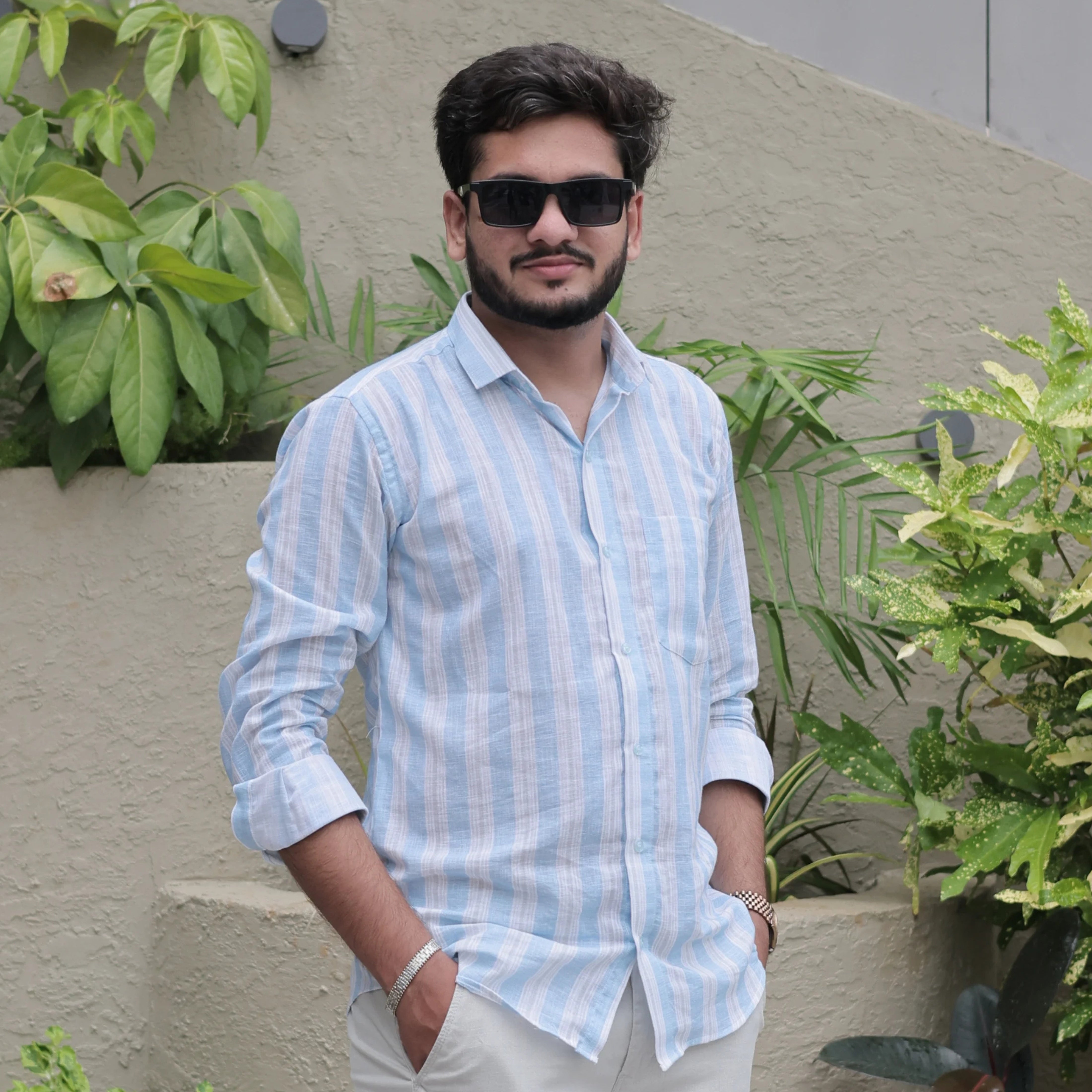 Full Sleeve Blue Cotton Linen Vertical Striped Shirt