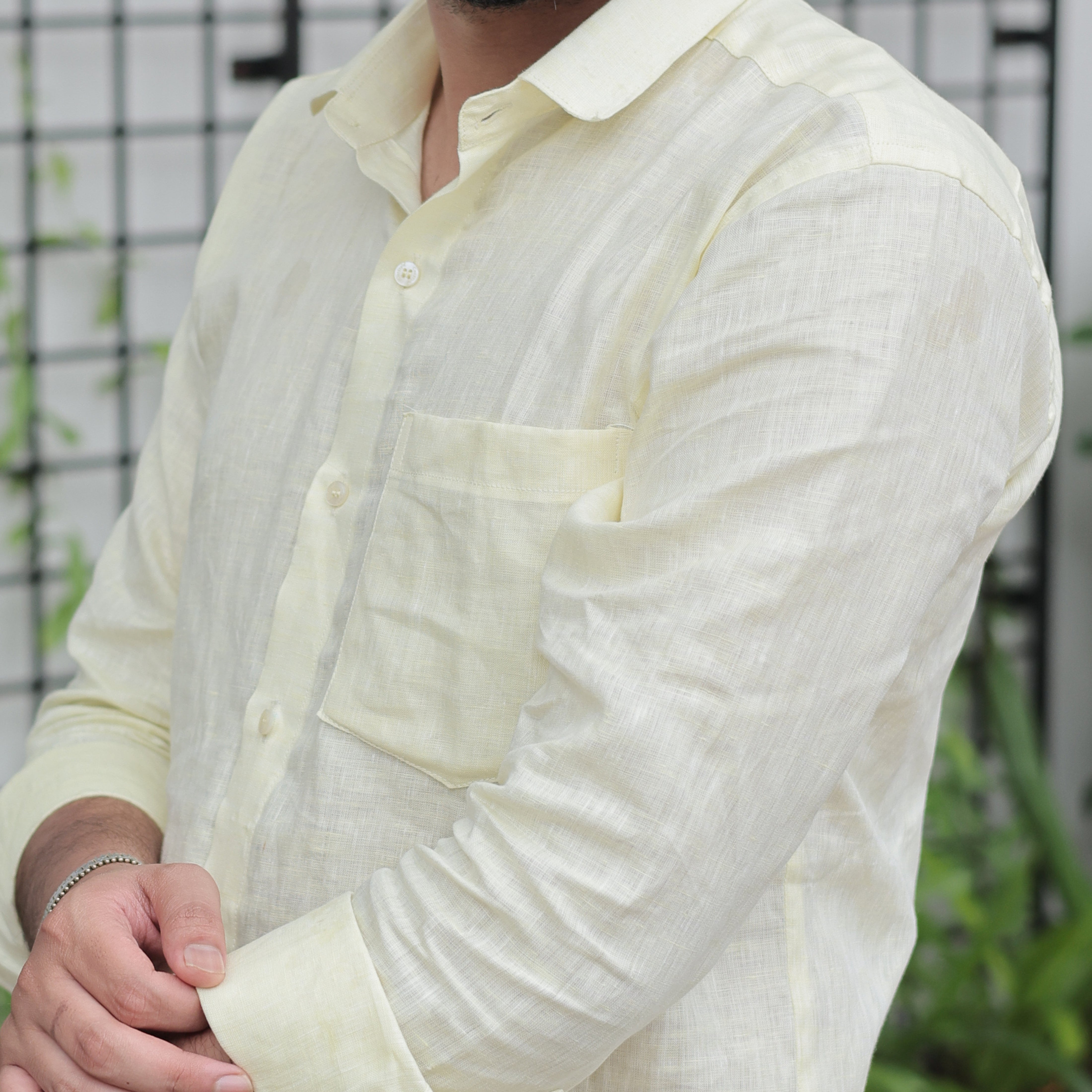 Light Yellow Solid Pure Linen Spread Collar Shirt for Men