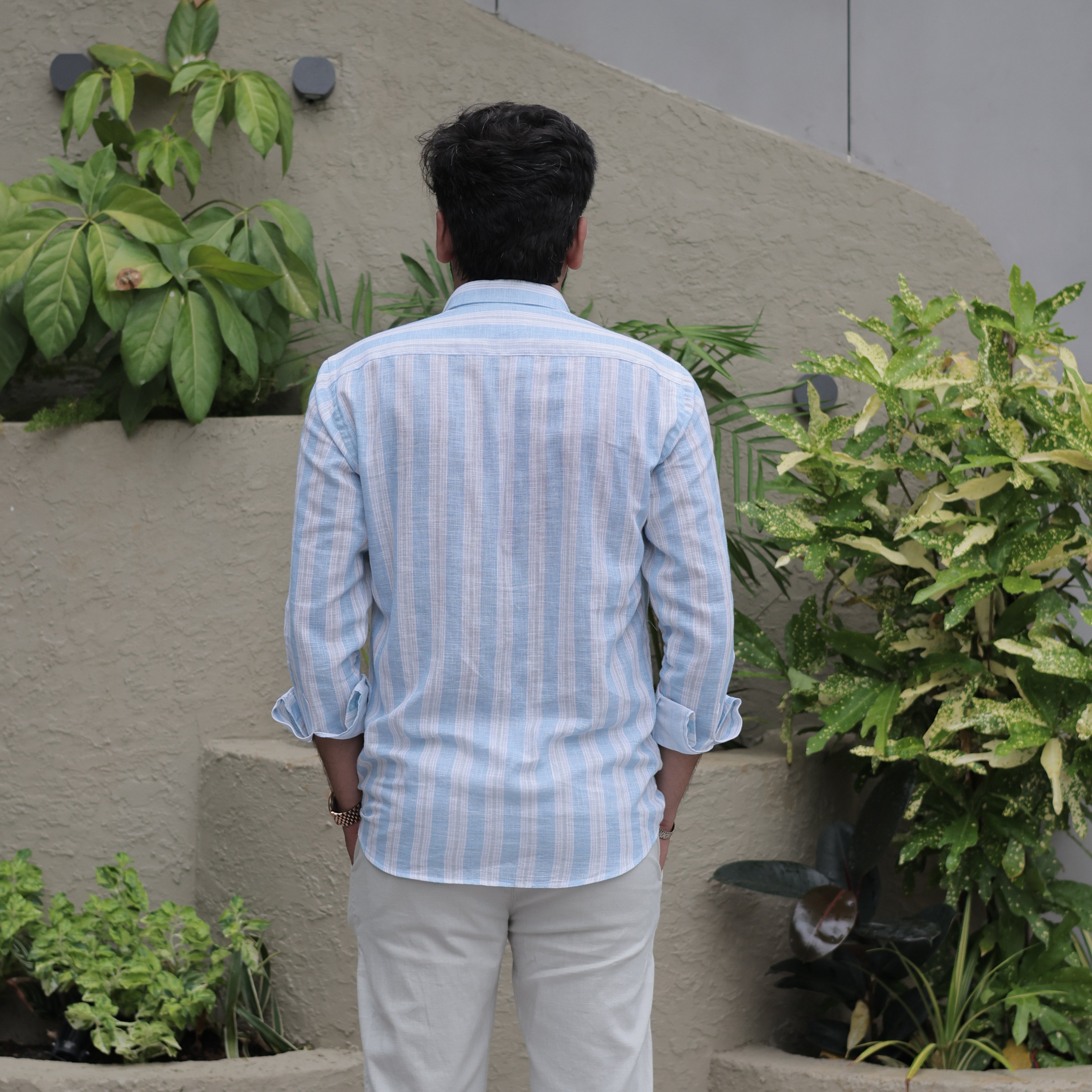 Full Sleeve Blue Cotton Linen Vertical Striped Shirt
