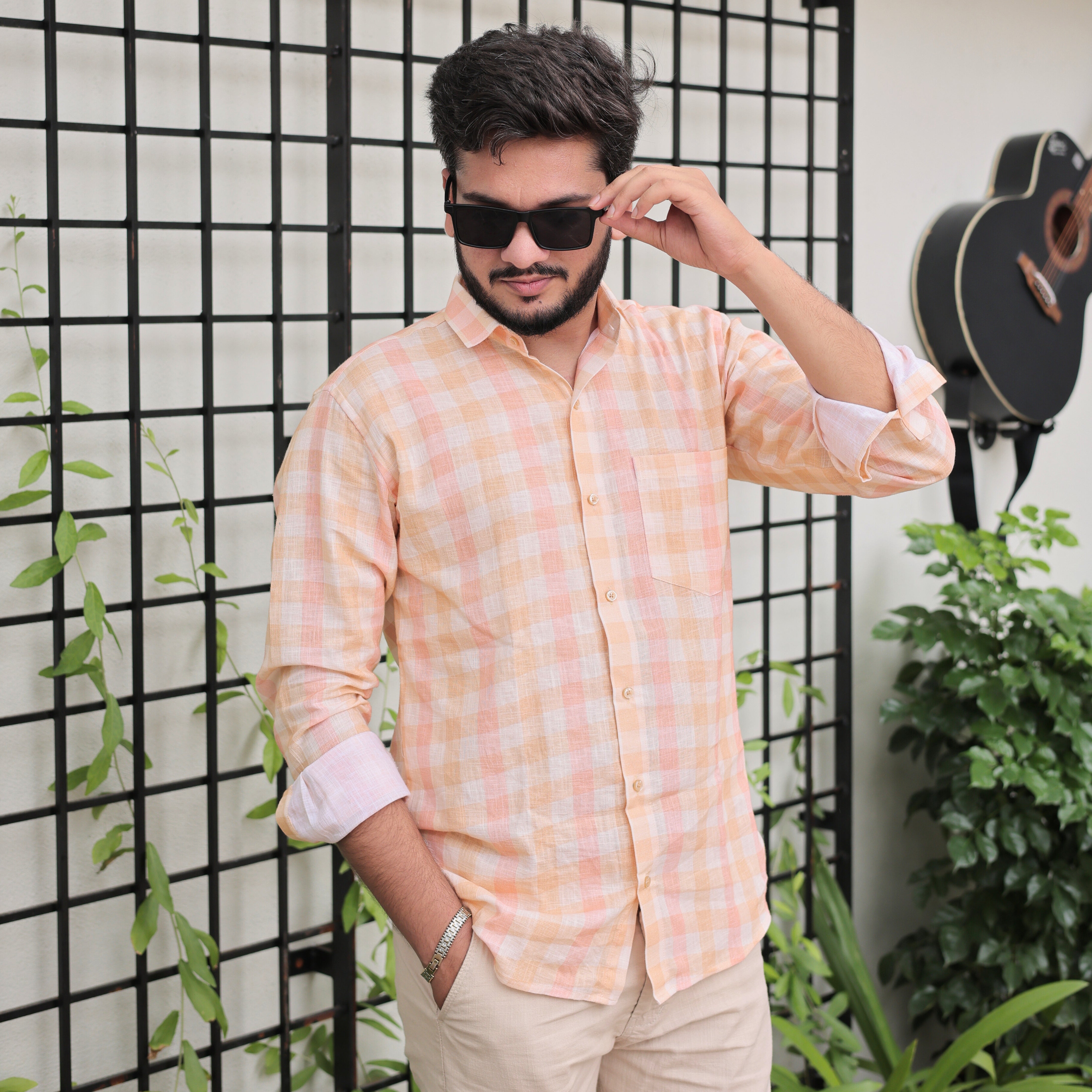 Premium Cotton Linen Peach Checked Shirt for Men