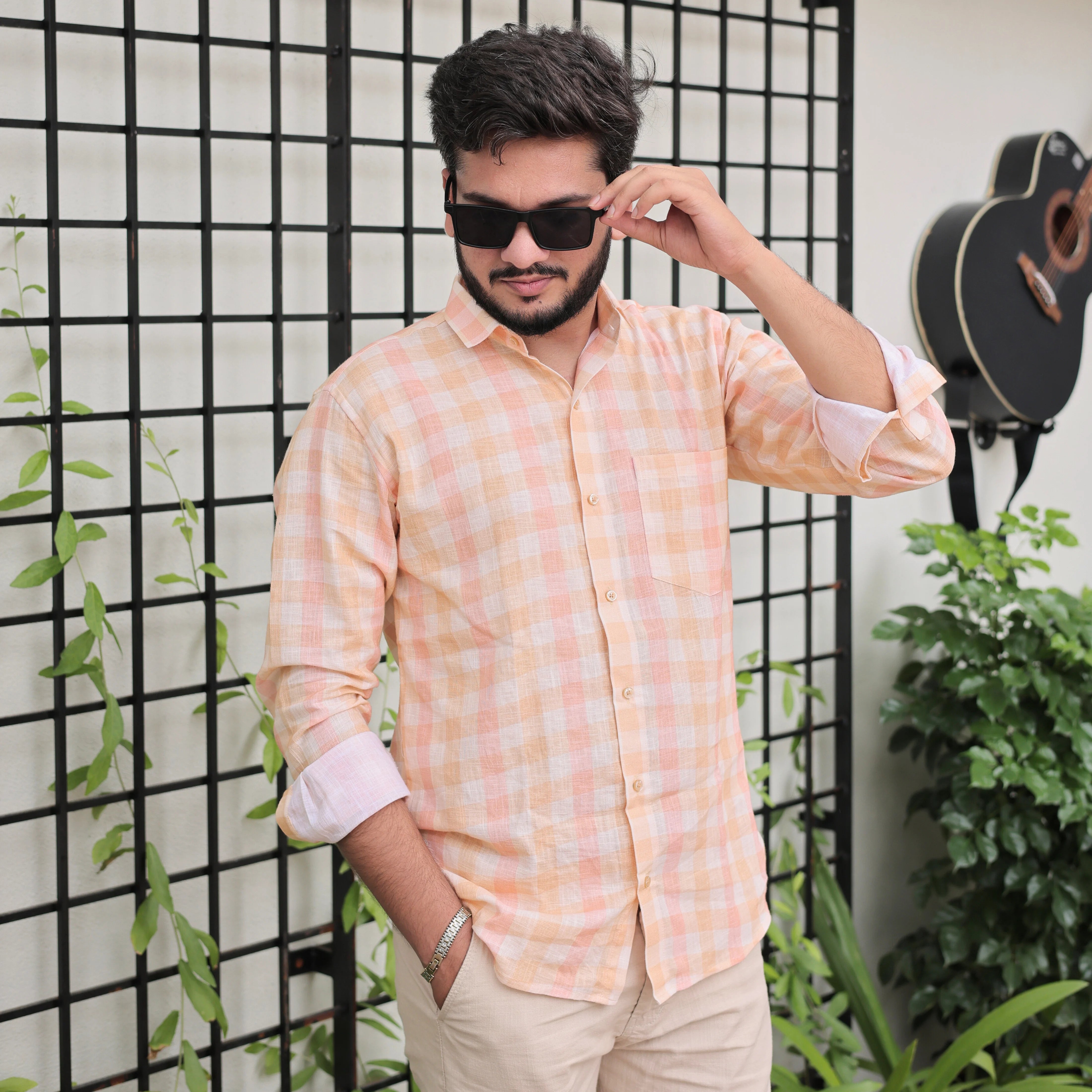Premium Cotton Linen Shirts Combo Pack – Peach Checked & Blue Striped