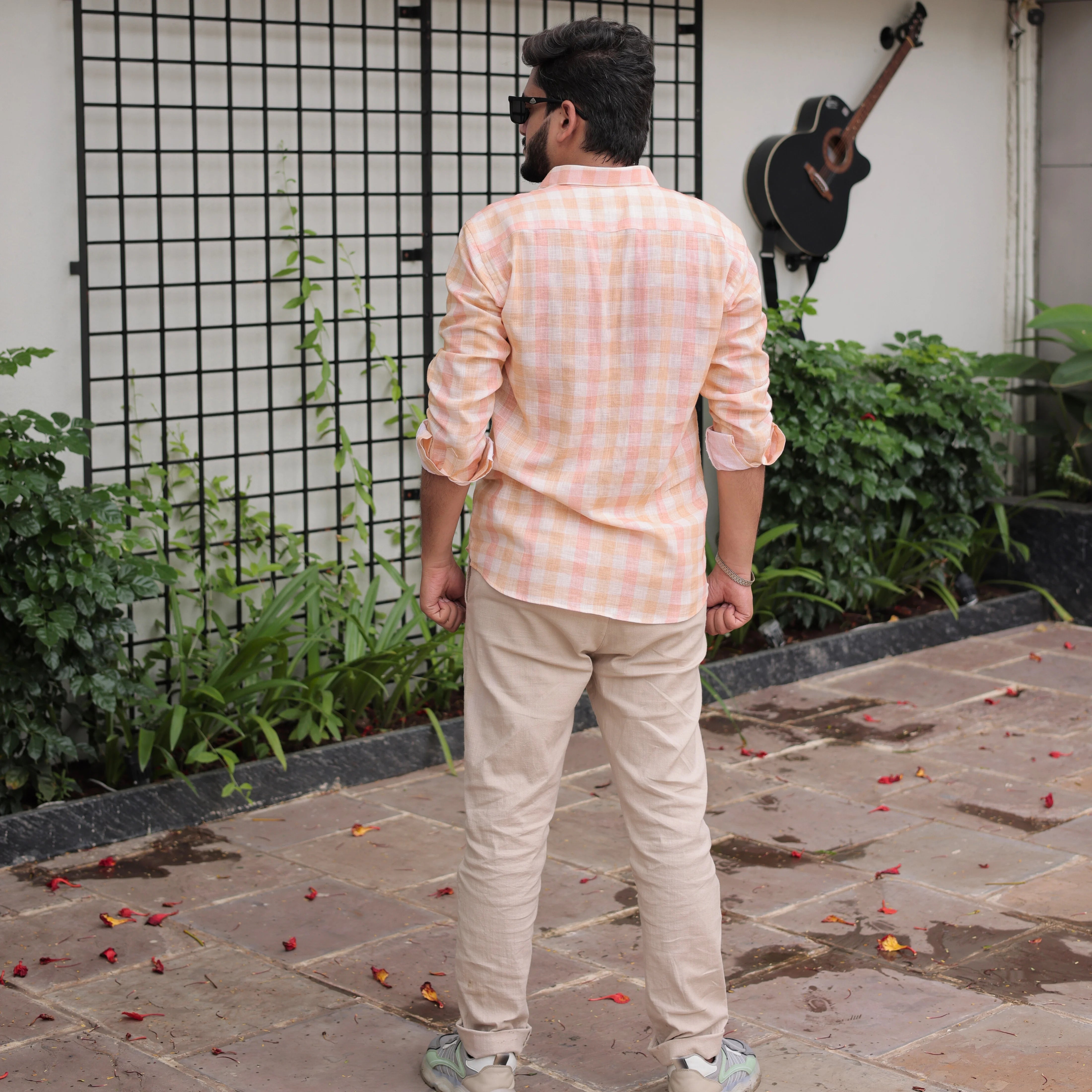 Premium Cotton Linen Shirts Combo Pack – Peach Checked & Blue Striped
