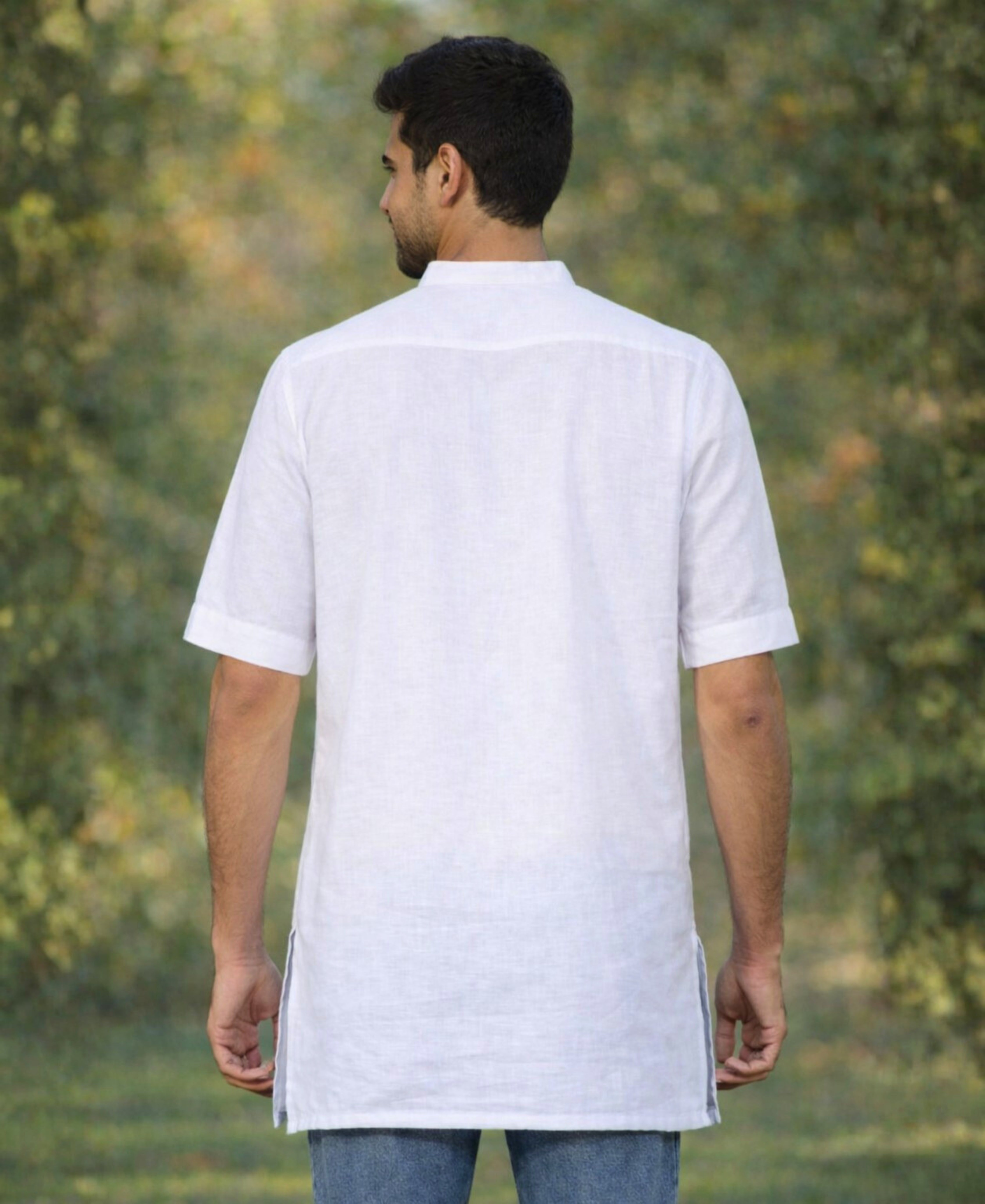 White Pure Linen Kurta With Band Collar