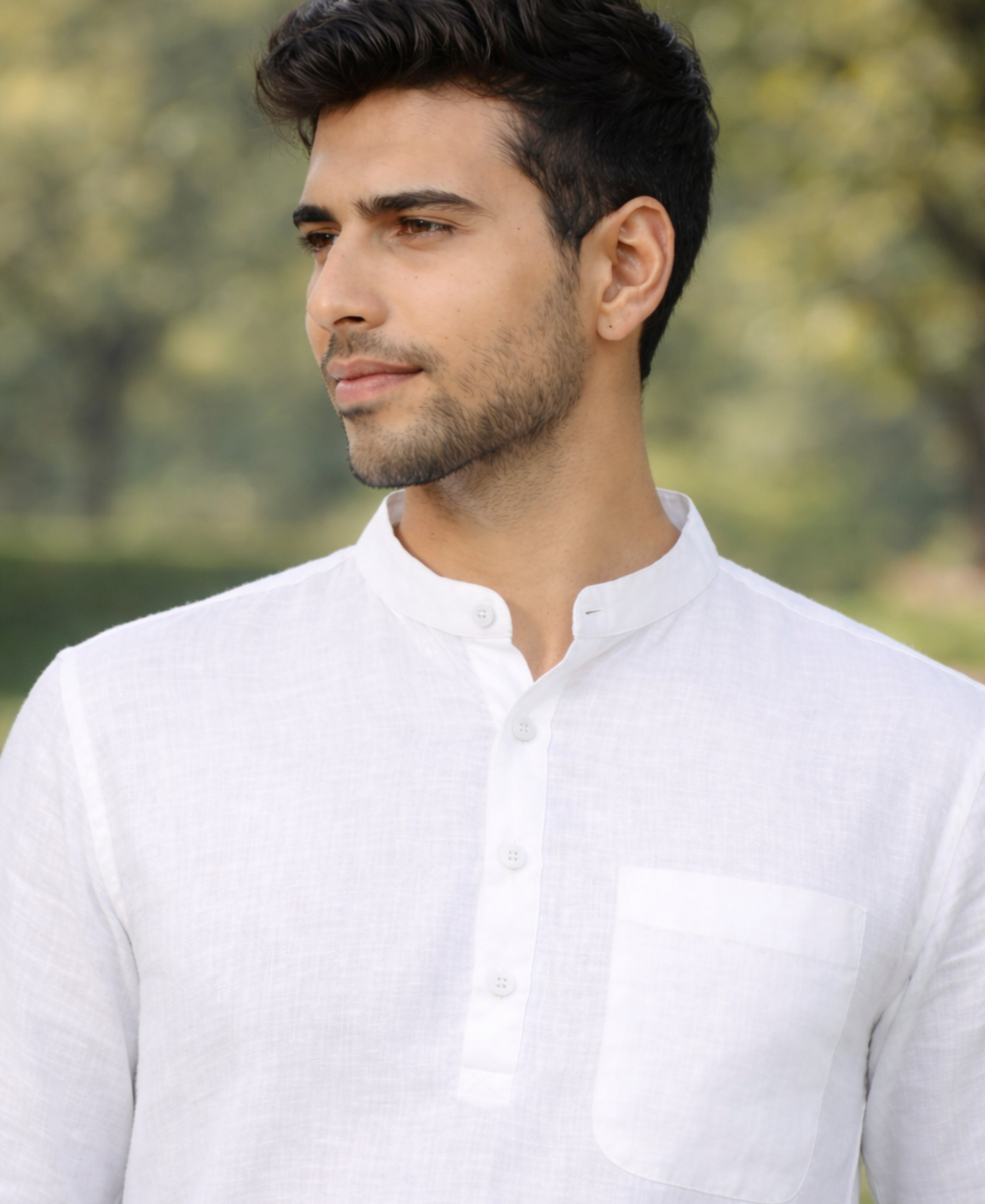 Solid Pattern White Linen Kurta With Long Sleeve