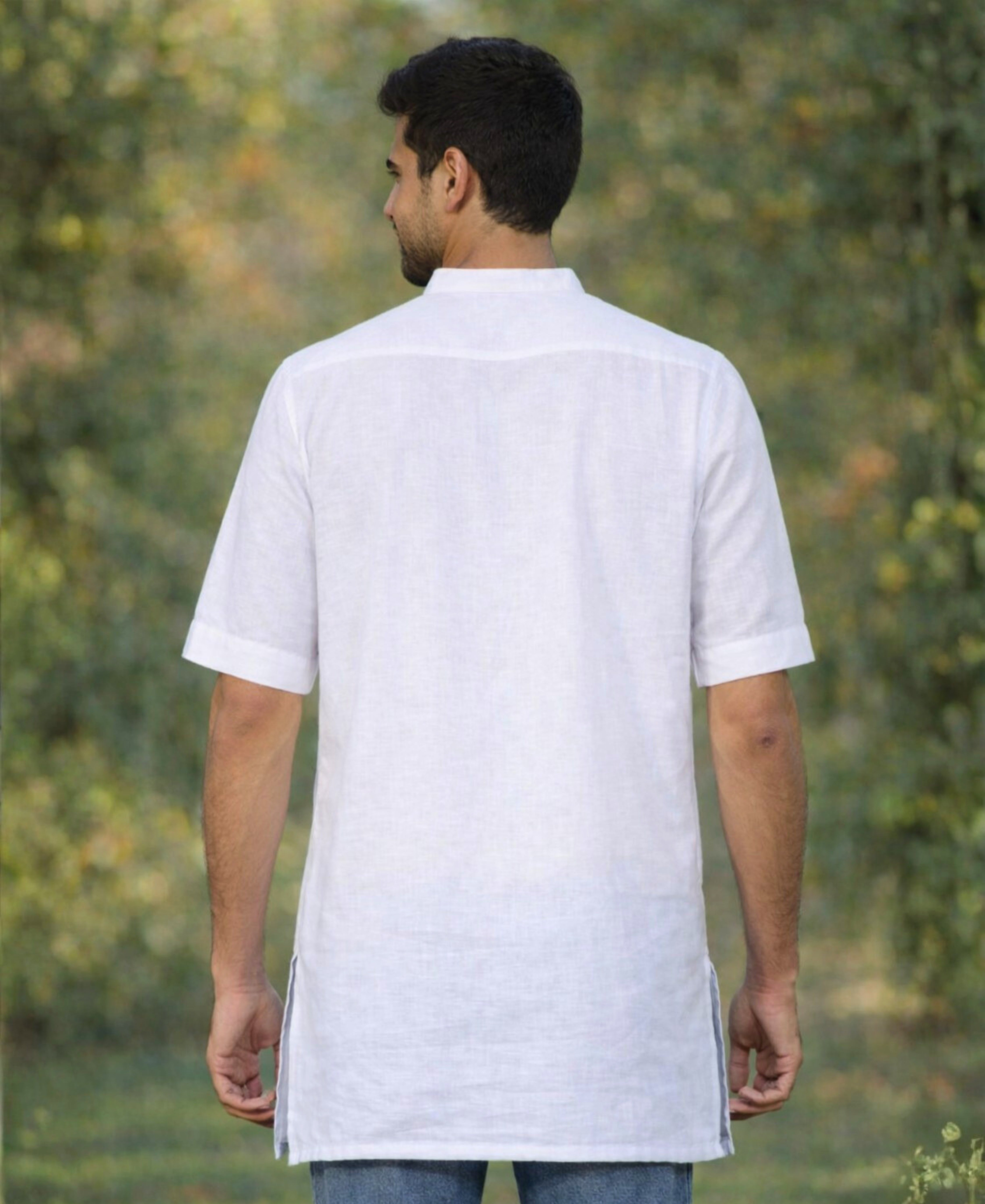 Half Sleeve Stylish Pure Linen Kurta With Wooden Button