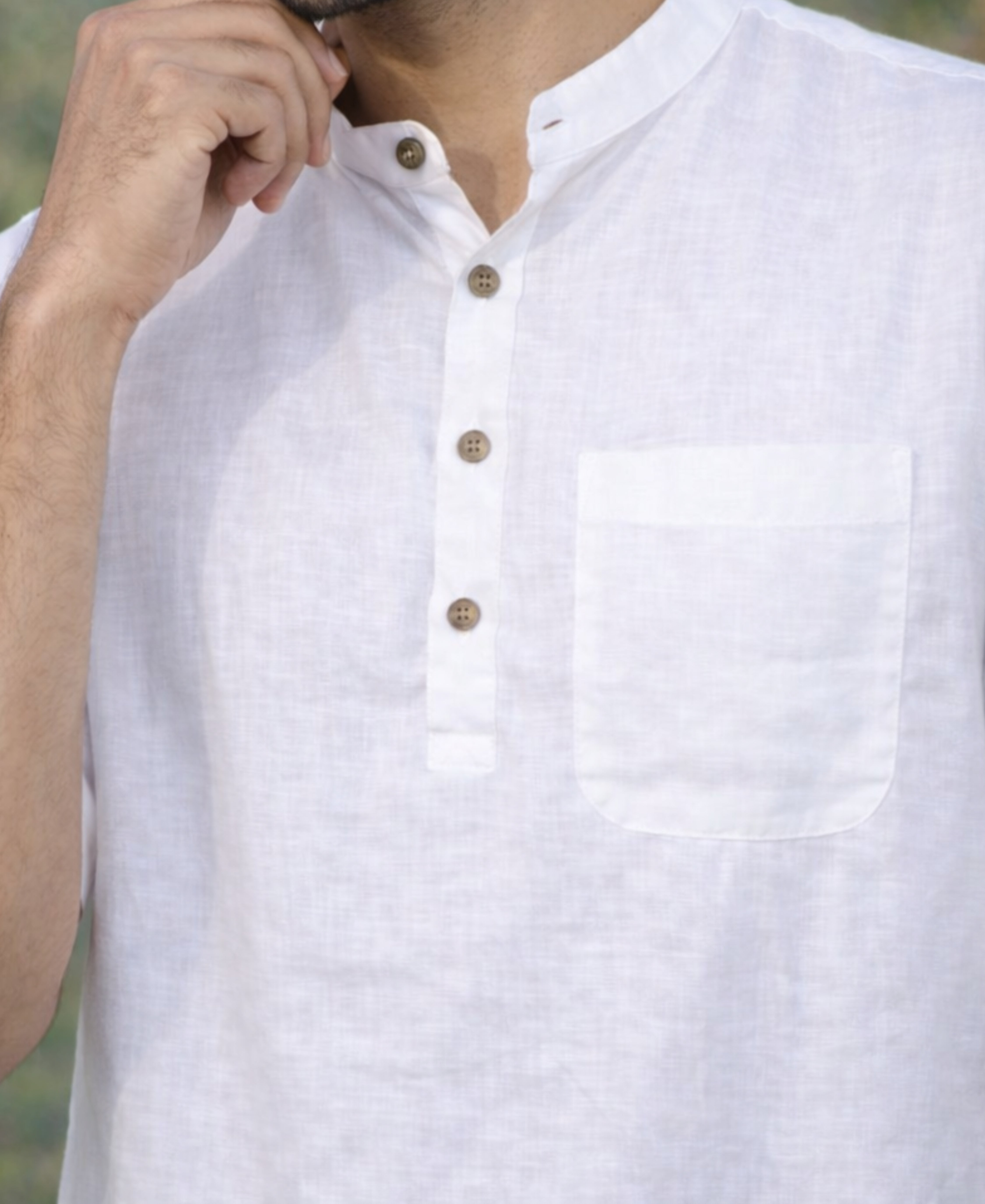 Half Sleeve Stylish Pure Linen Kurta With Wooden Button