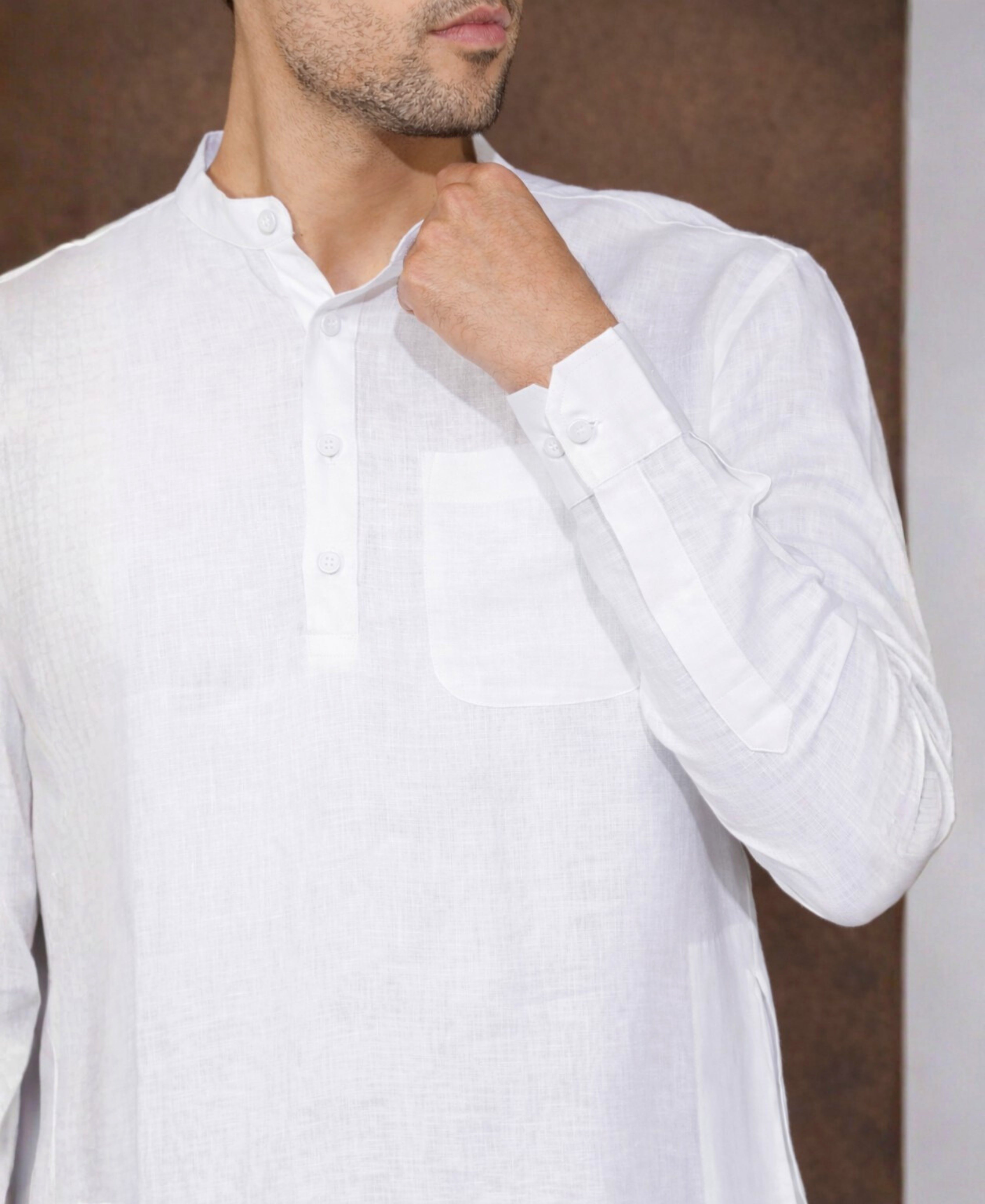 Premium Pure Linen Full Sleeve Kurta for Men in White