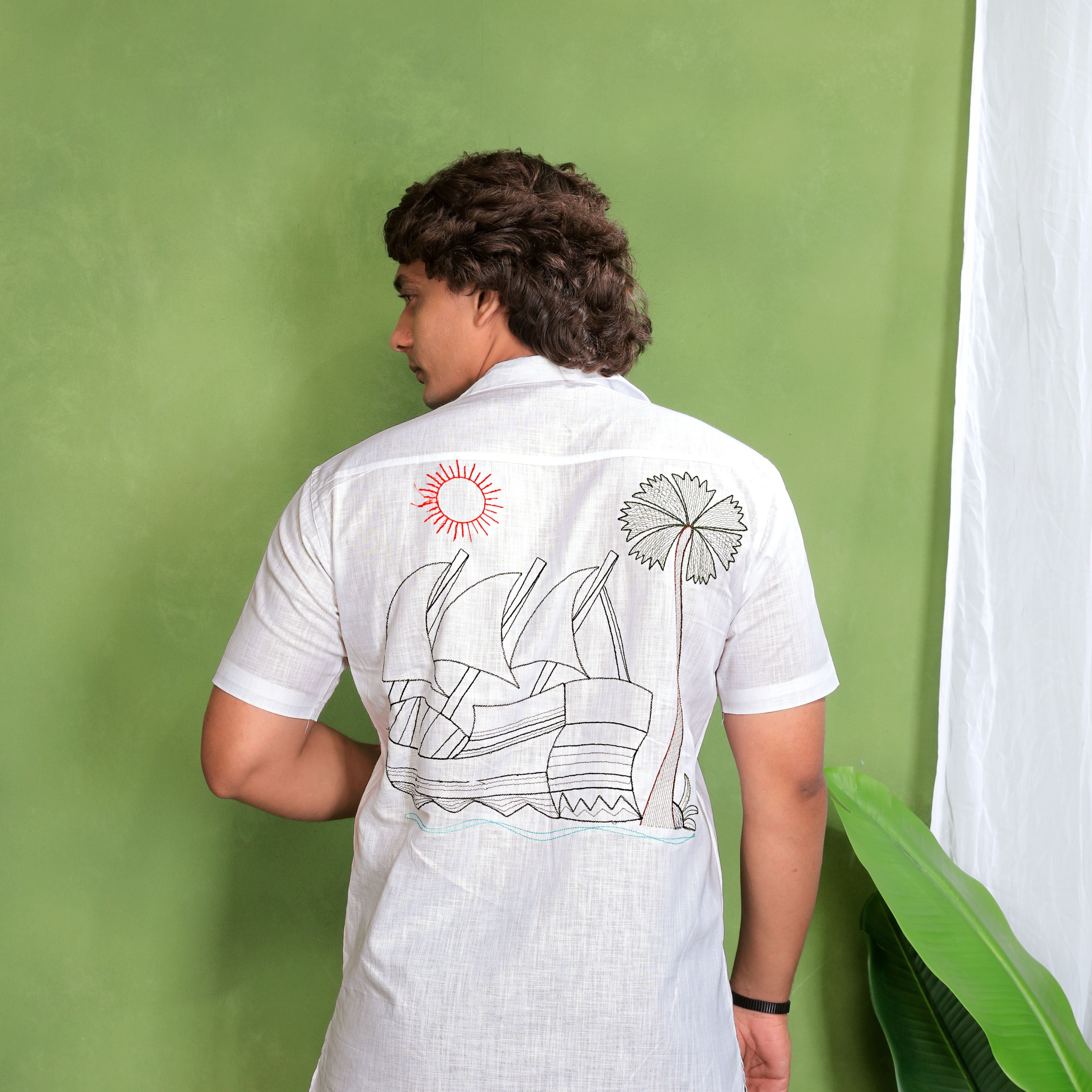 White Small Boat Design Linen Shirt