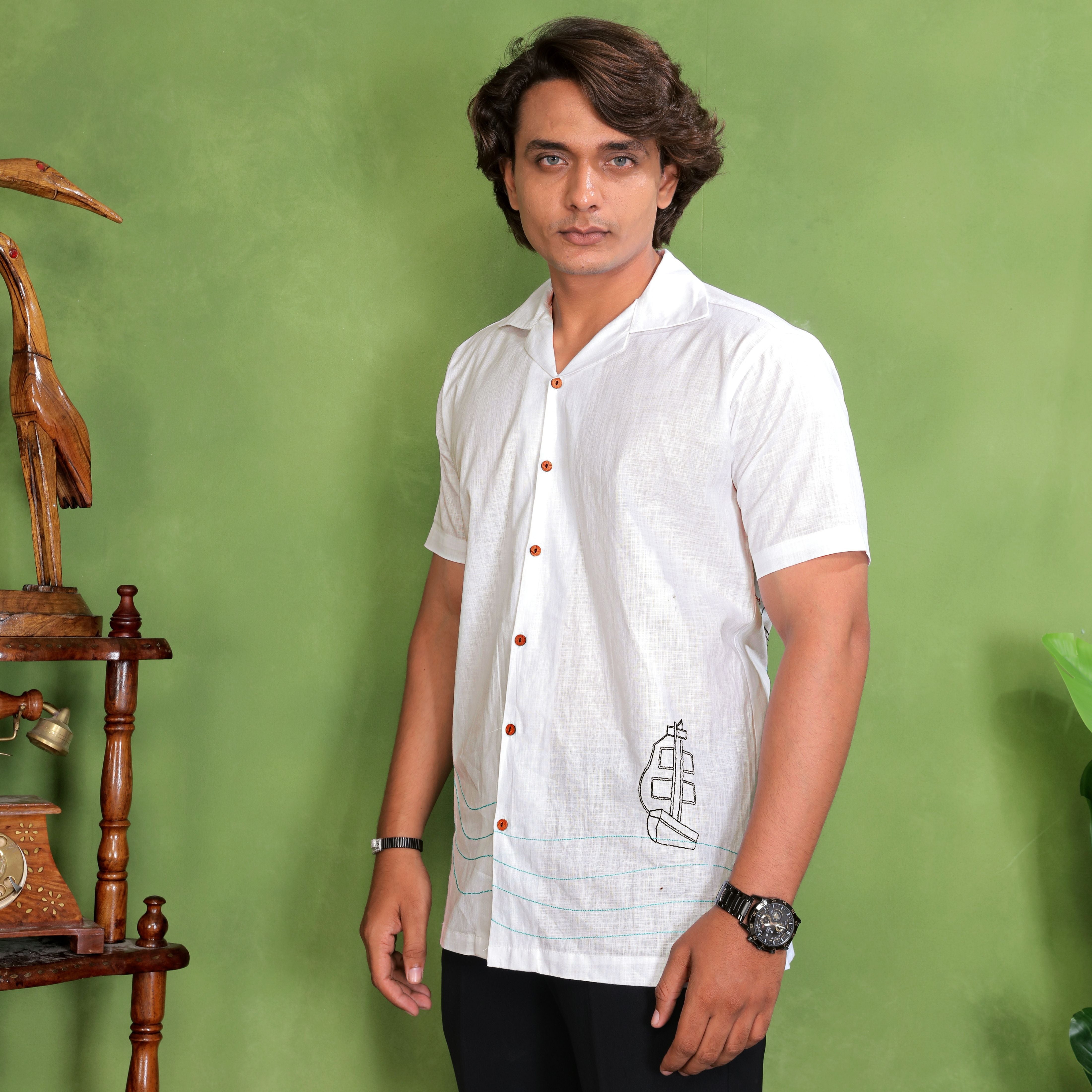 White Small Boat Design Linen Shirt
