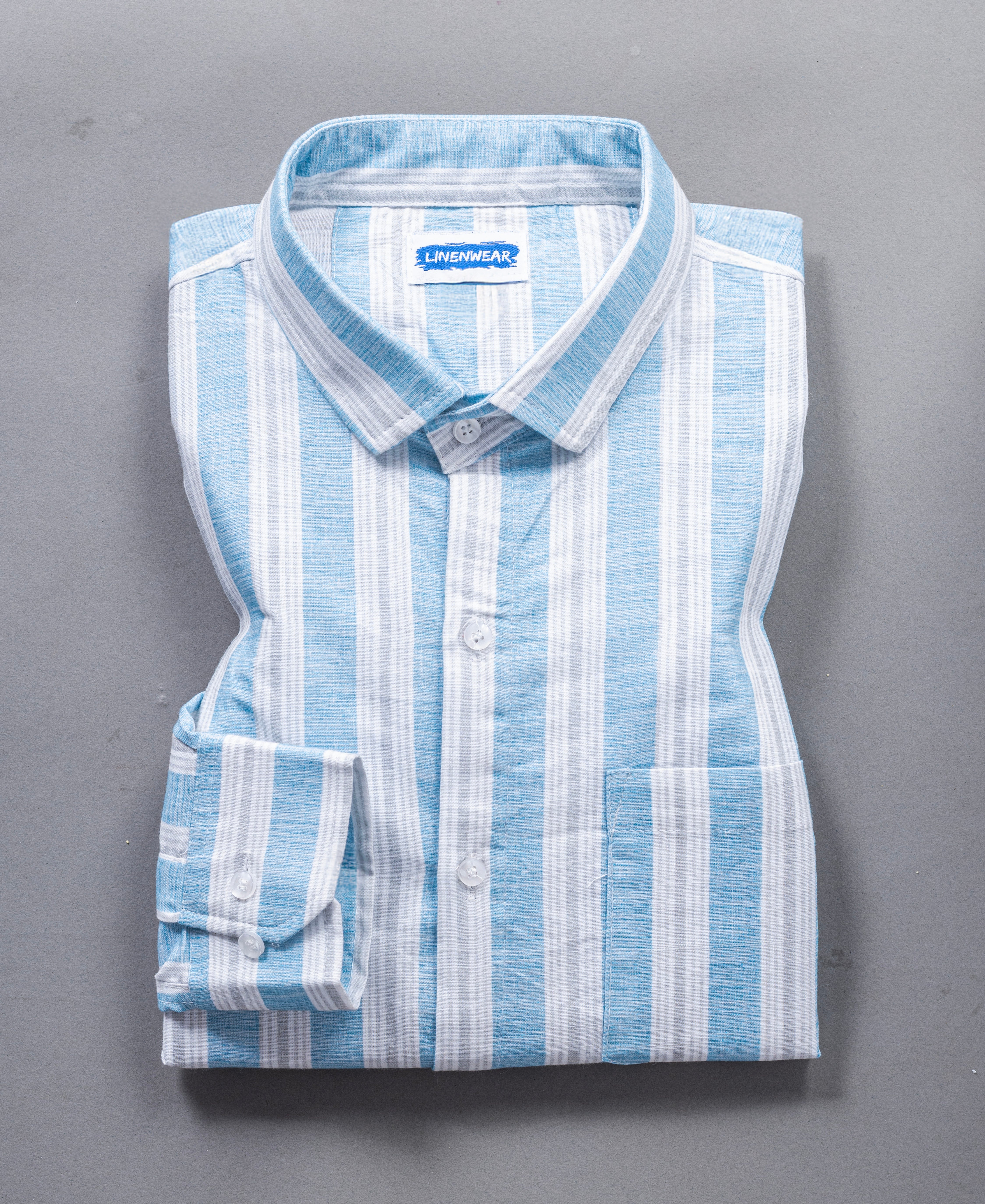 Full Sleeve Blue Cotton Linen Vertical Striped Shirt