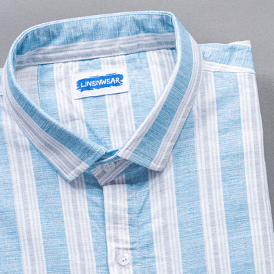 Full Sleeve Blue Cotton Linen Vertical Striped Shirt