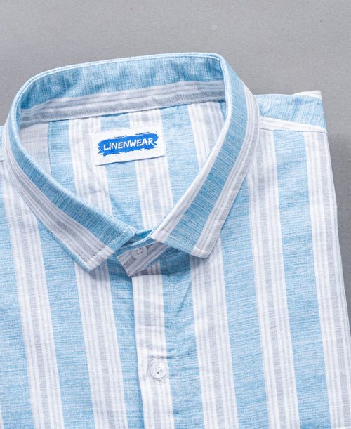 Full Sleeve Blue Cotton Linen Vertical Striped Shirt