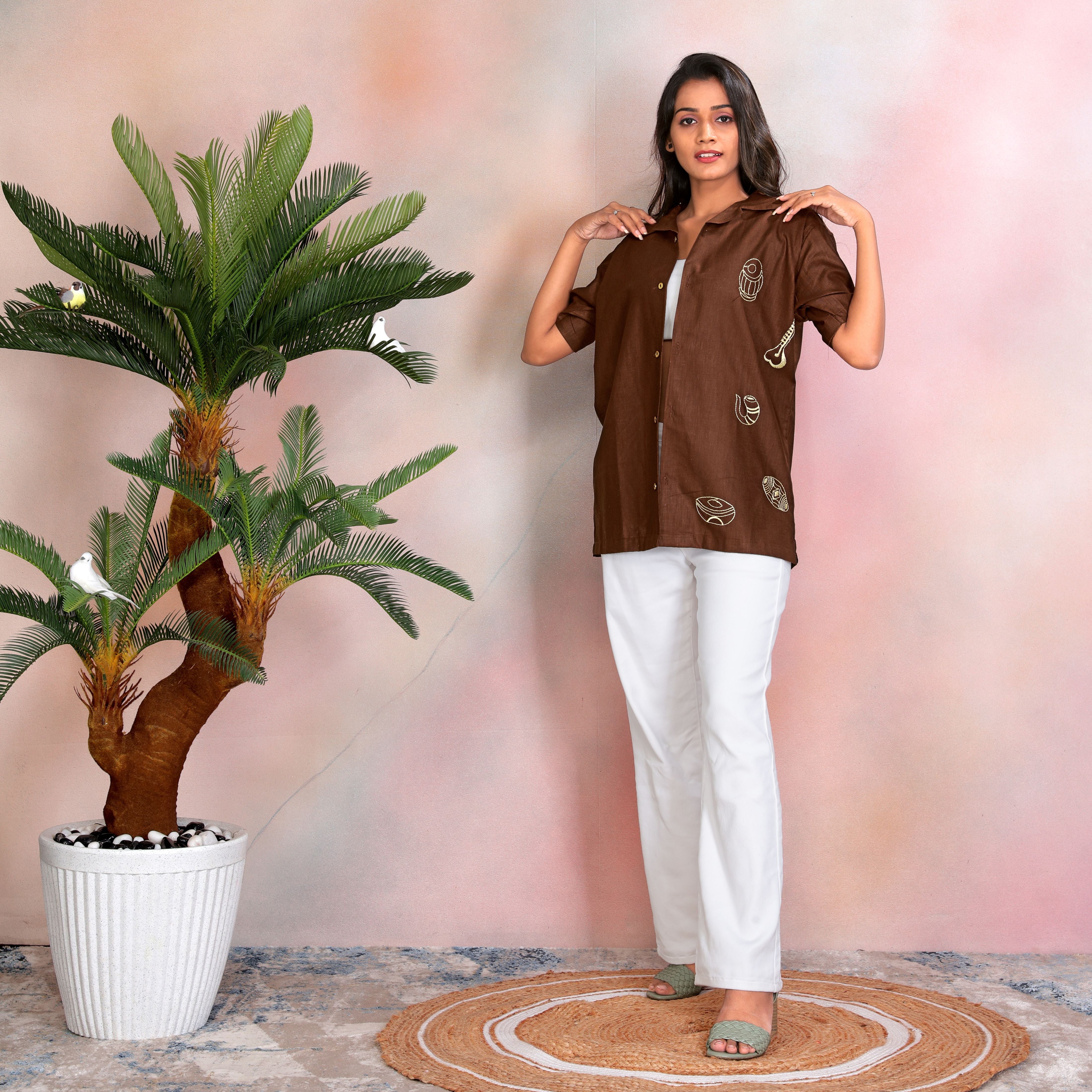 Cacao Brown Linen Half Sleeve Shirt