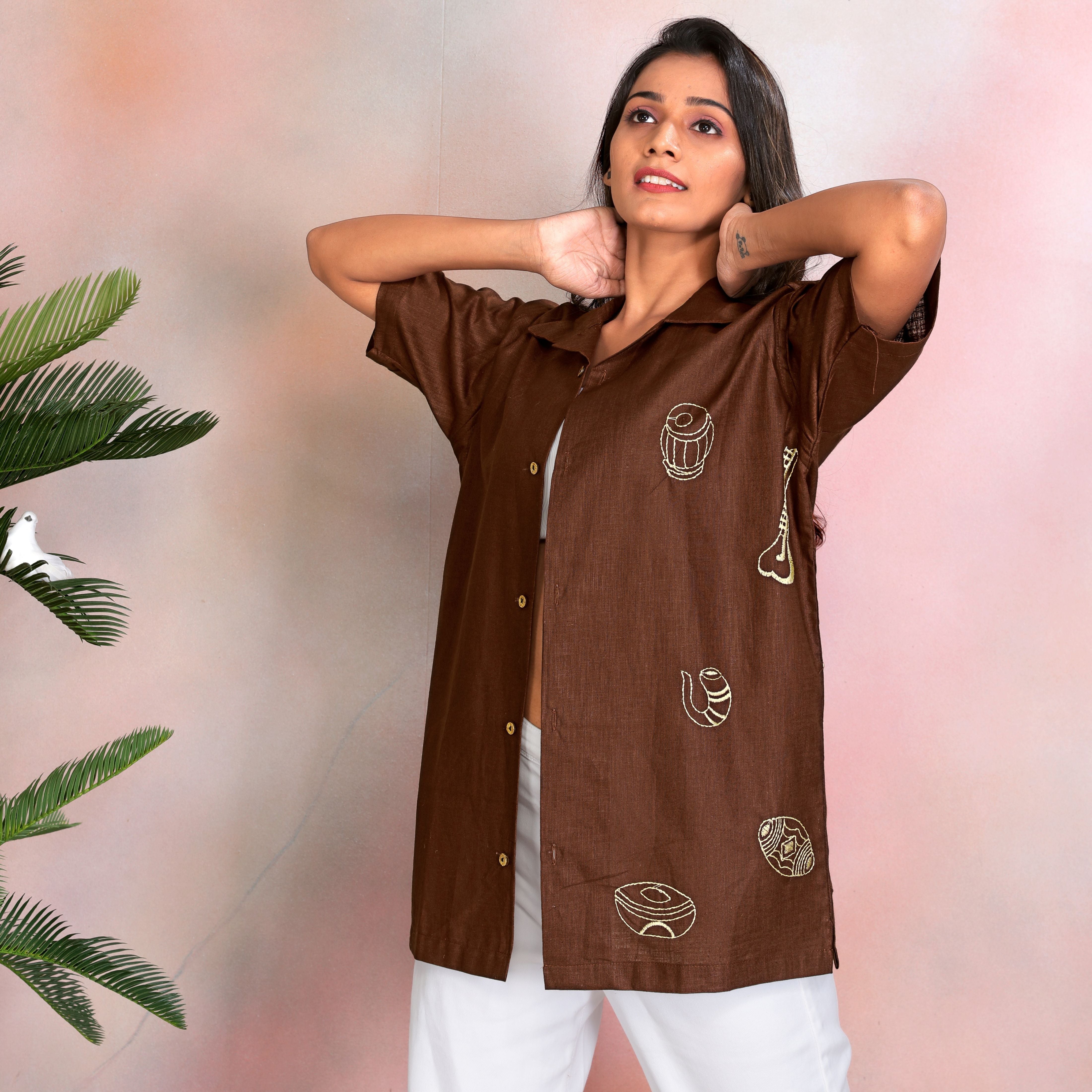 Cacao Brown Linen Half Sleeve Shirt